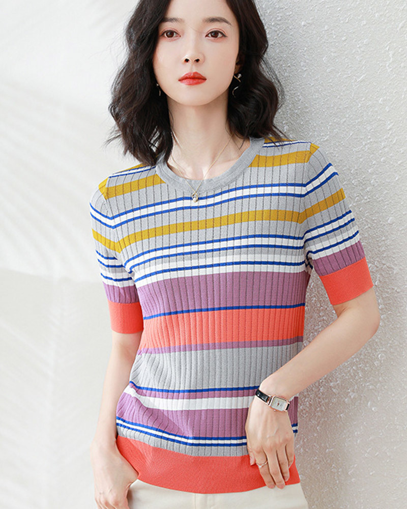 粉/紫M 【零碼出清不退換】多彩拼色冰絲針織上衣