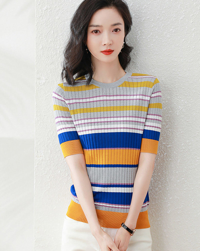 粉/紫M 【零碼出清不退換】多彩拼色冰絲針織上衣