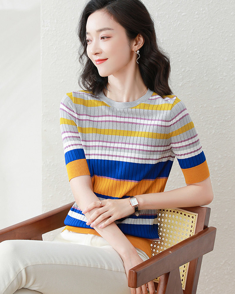 DEER.W 多彩拼色冰絲針織上衣 黃藍