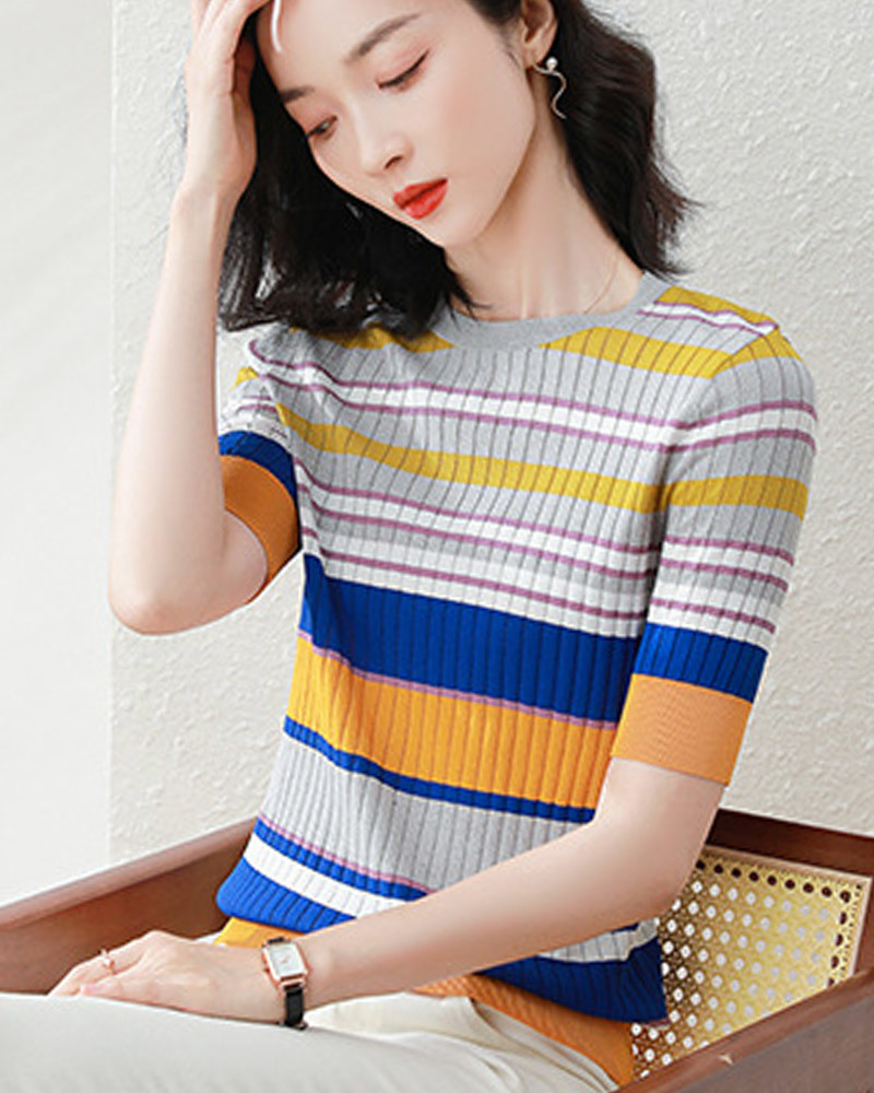 DEER.W 多彩拼色冰絲針織上衣 黃藍