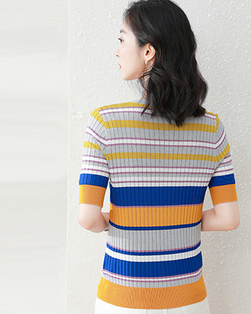 DEER.W 多彩拼色冰絲針織上衣 黃藍