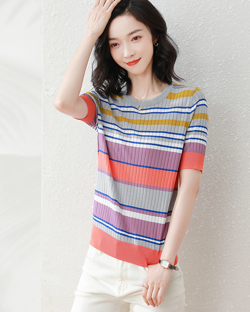 DEER.W 多彩拼色冰絲針織上衣 粉紫