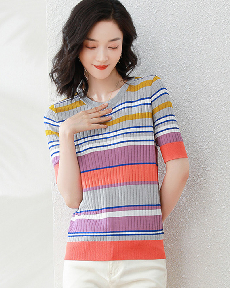 DEER.W 多彩拼色冰絲針織上衣 粉紫