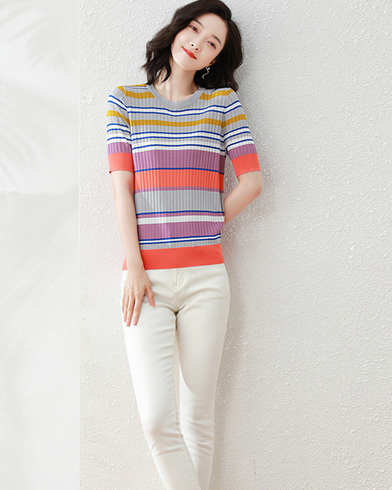 DEER.W 多彩拼色冰絲針織上衣 粉紫