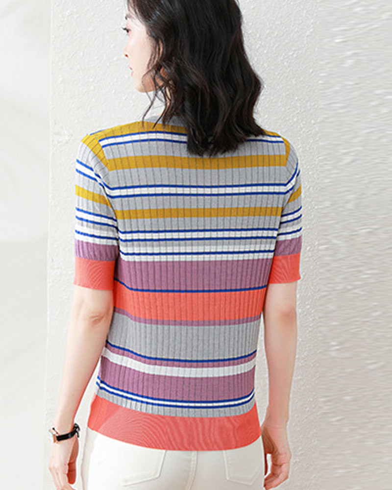 DEER.W 多彩拼色冰絲針織上衣 粉紫