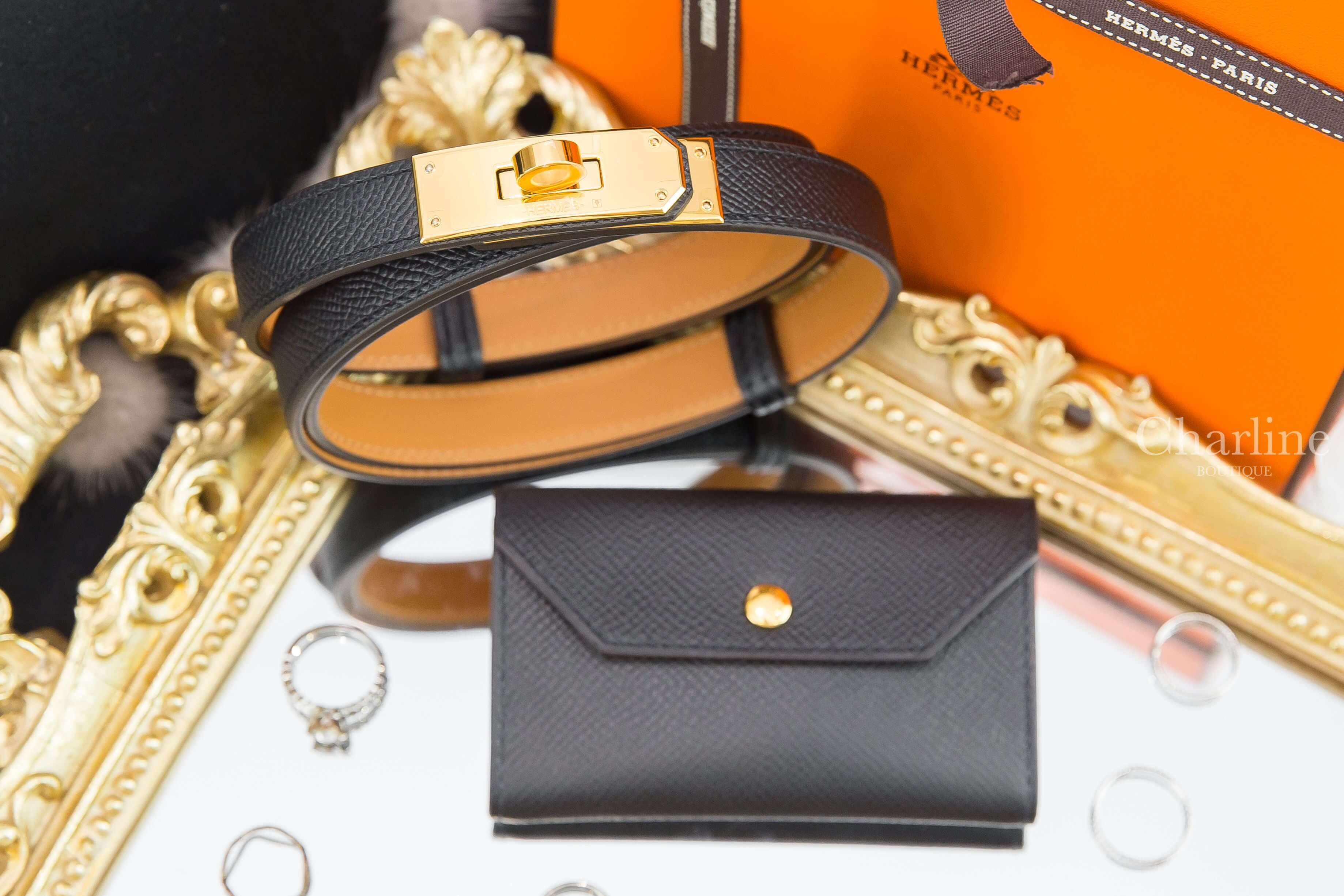 Hermès Kelly Pocket Belt 黑色金釦扣飾1.8cm小牛皮小包可調式皮帶