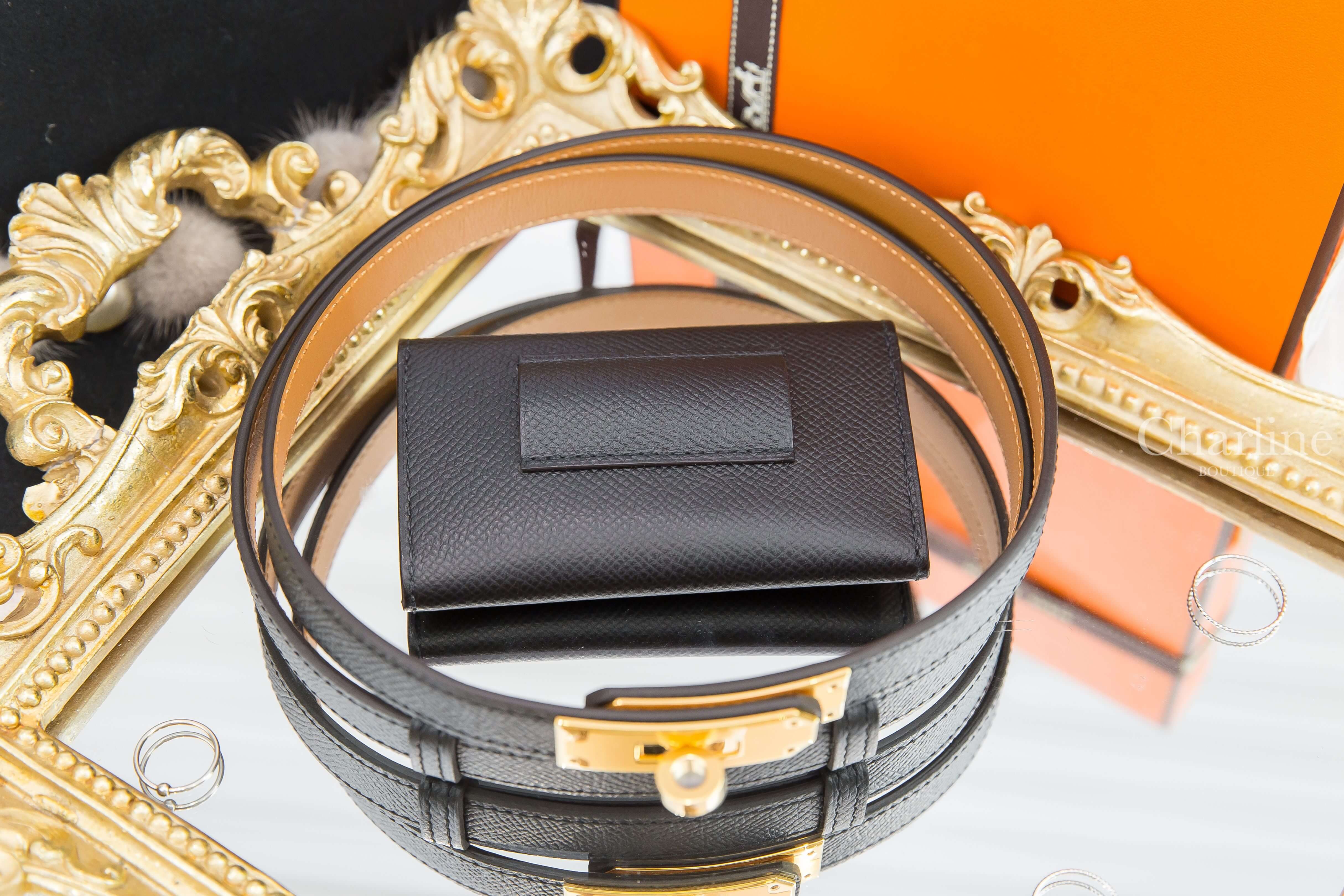 Hermès Kelly Pocket Belt 黑色金扣扣飾牛皮小包可調式皮帶-Charline Boutique 精品代購