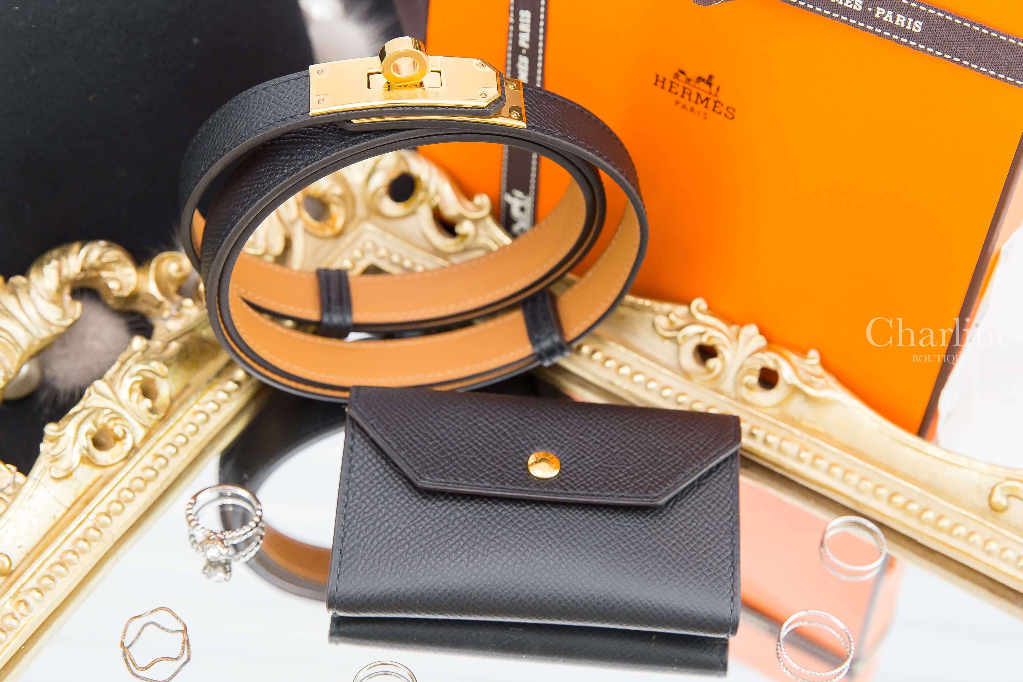 Hermès Kelly Pocket Belt 黑色金扣扣飾牛皮小包可調式皮帶-Charline Boutique 精品代購