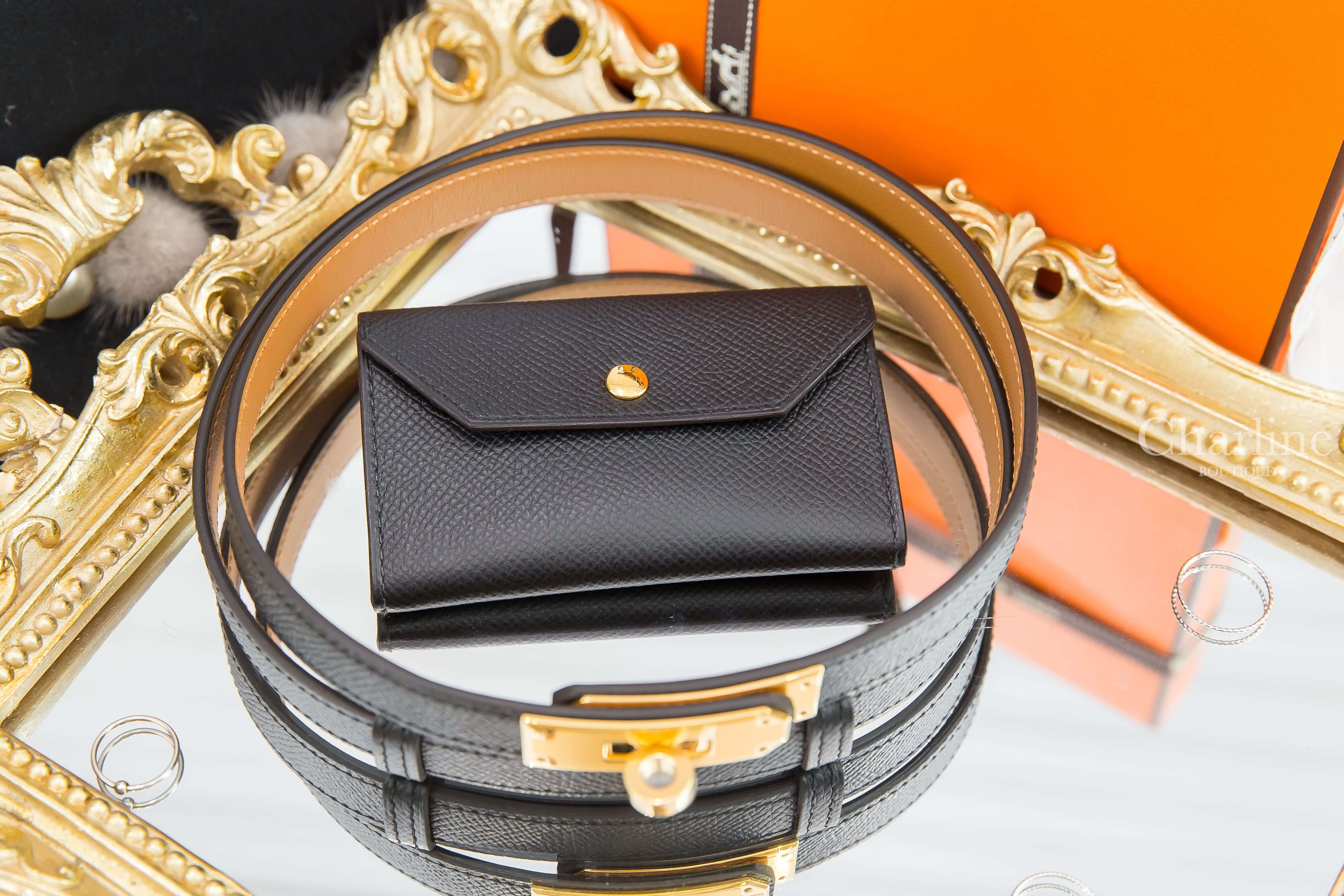 Hermès Kelly Pocket Belt 黑色金扣扣飾牛皮小包可調式皮帶-Charline Boutique 精品代購