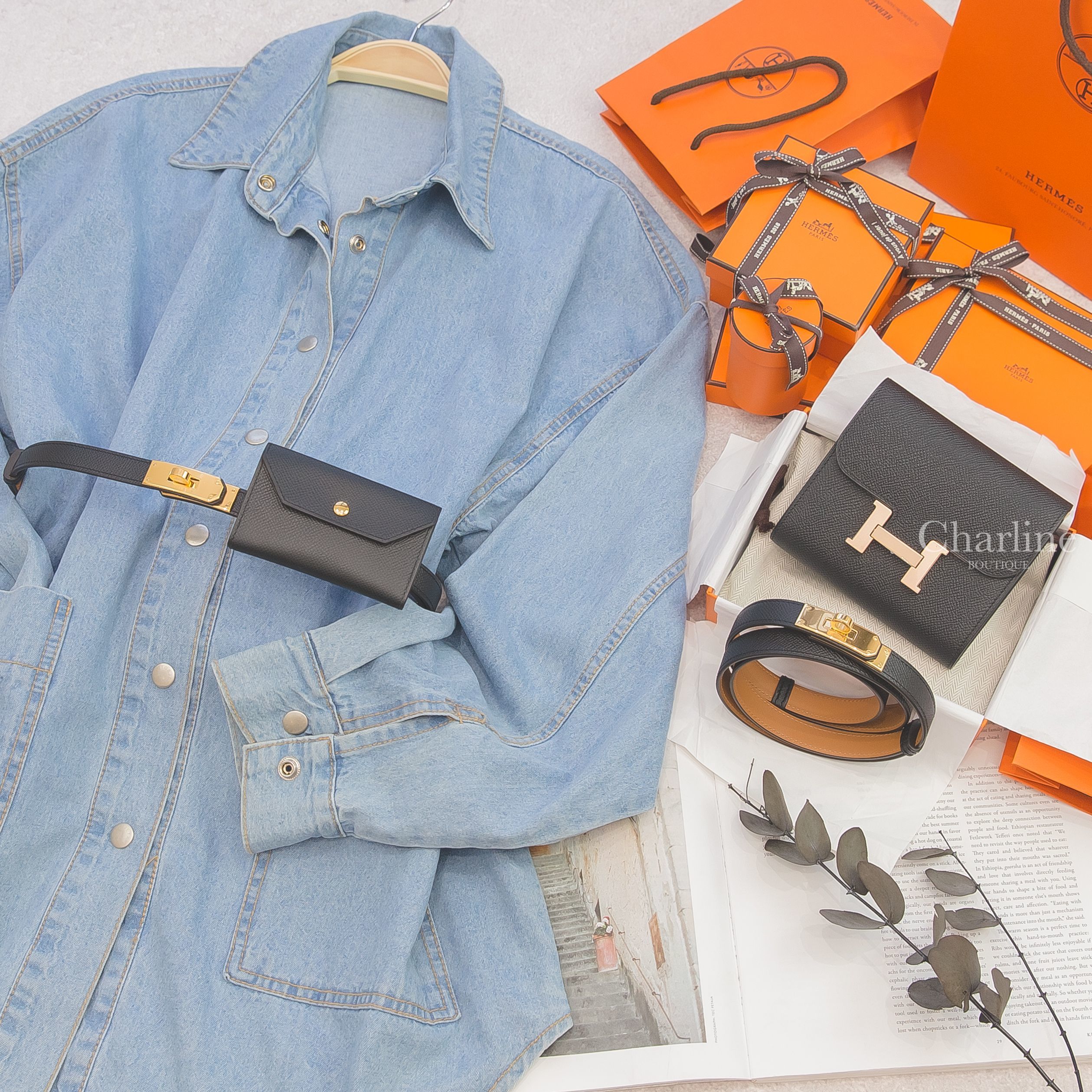 Hermès Kelly Pocket Belt 黑色金扣扣飾牛皮小包可調式皮帶,Hermès Constance Compact 黑色玫瑰金釦短夾,Hermès Belt 黑色牛皮金扣可調式皮帶-Charline Boutique 精品代購