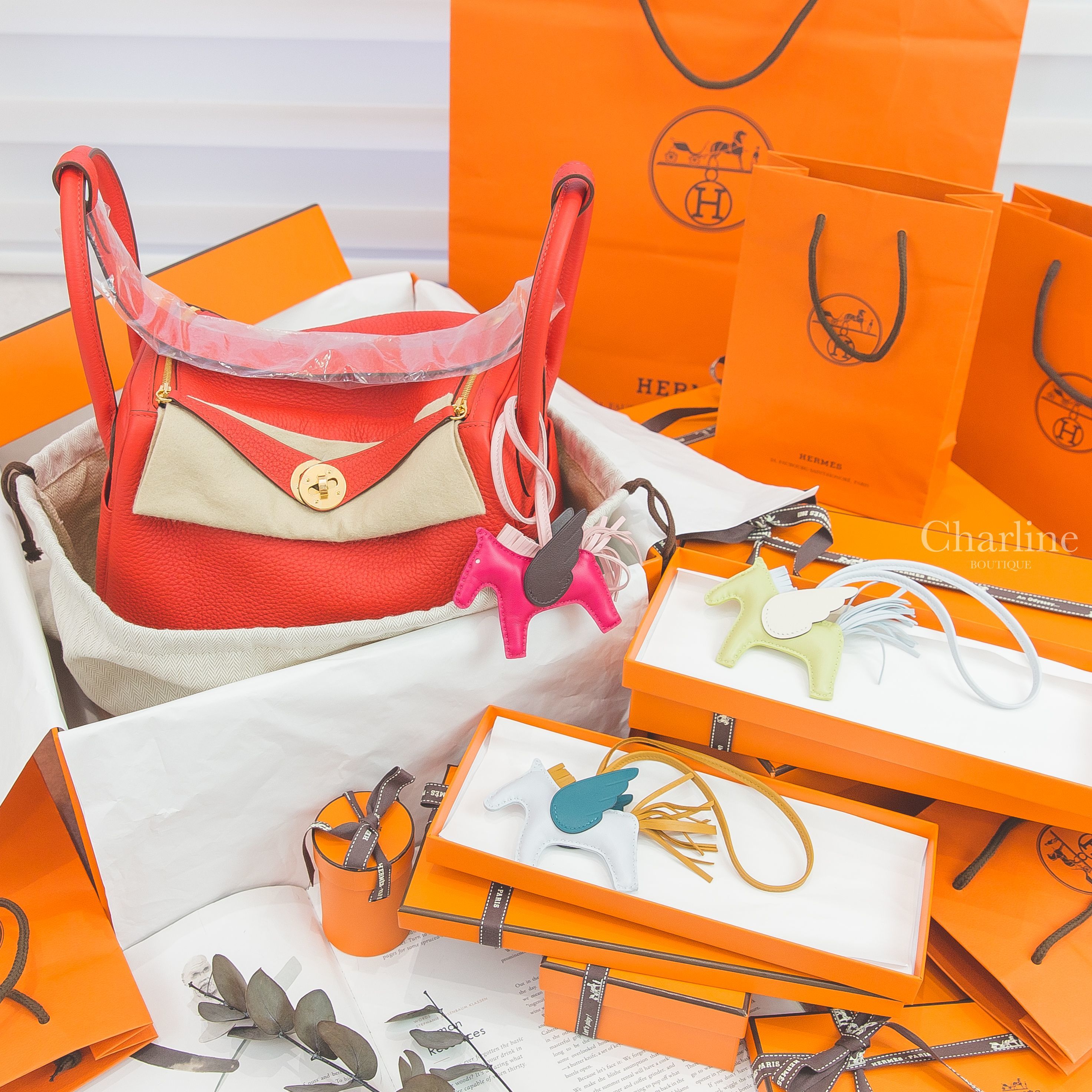 Hermès Rodeo 霧藜藍/芝麻黃/博斯普魯斯綠飛馬吊飾,Hermès 覆盆莓紅/櫻花粉/馬鞍紅飛馬吊飾,Hermès 嫩芽黃/霧藜藍/奶油白飛馬吊飾,Hermès Lindy 蕃茄紅金釦-Charline Boutique 精品代購