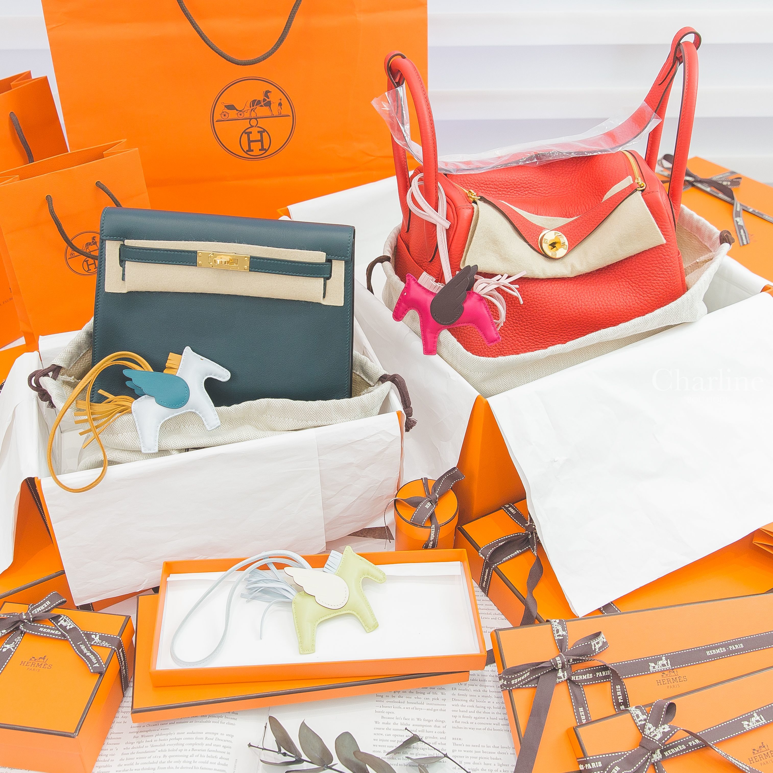 Hermès 霧藜藍/芝麻黃/博斯普魯斯綠飛馬吊飾,覆盆莓紅/櫻花粉/馬鞍紅飛馬吊飾,嫩芽黃/霧藜藍/奶油白小型飛馬吊飾,Kelly Danse 松柏綠金釦途凱莉包,Hermès Lindy 蕃茄紅金釦-Charline Boutique 精品代購