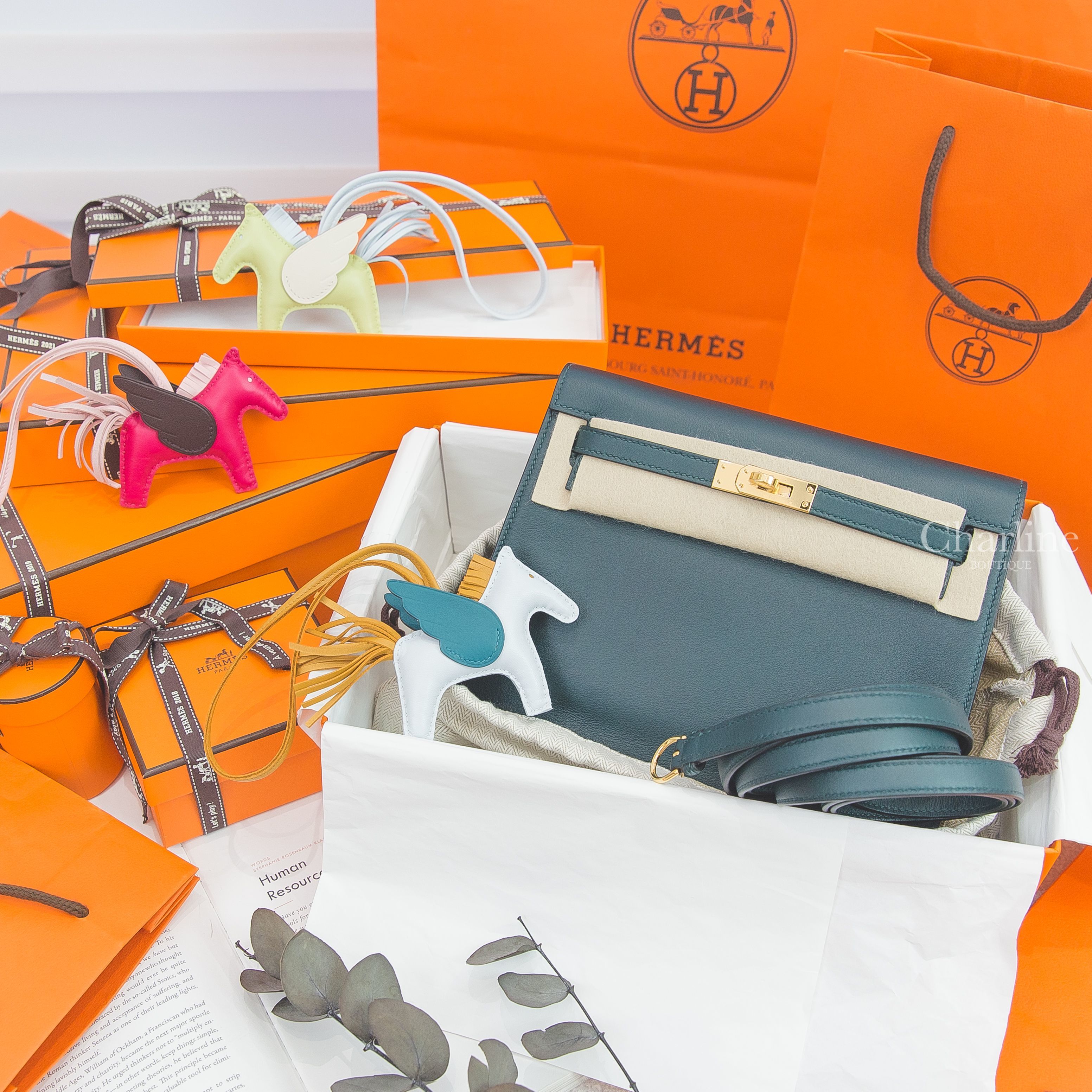 Hermès 霧藜藍/芝麻黃/博斯普魯斯綠飛馬吊飾,Hermès 覆盆莓紅/櫻花粉/馬鞍紅飛馬吊飾,Hermès 嫩芽黃/霧藜藍/奶油白飛馬吊飾,Hermès Kelly Danse 松柏綠金釦凱莉包-Charline Boutique 精品代購
