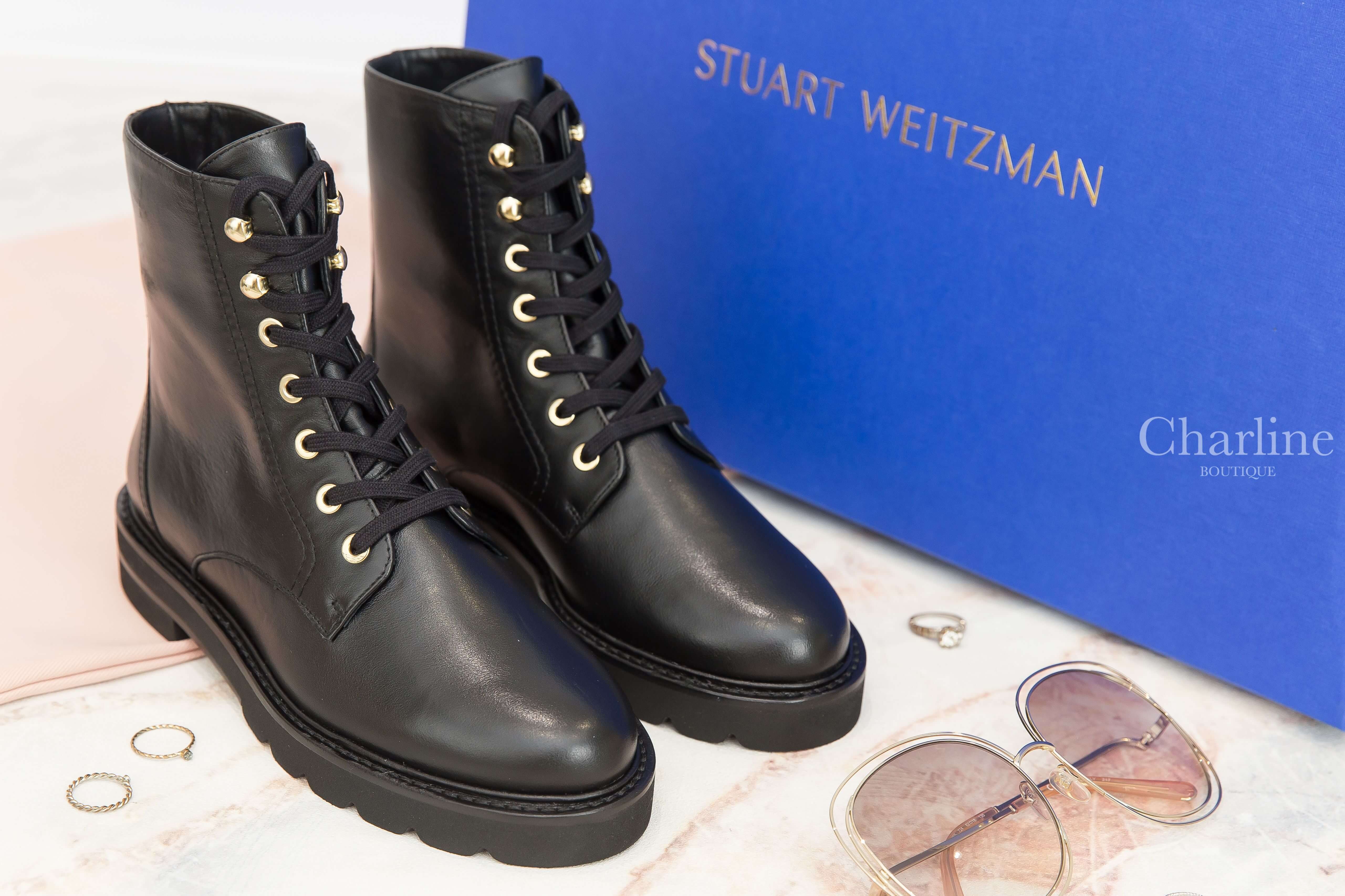 Stuart Weitzman Mila Lift Bootie 黑色皮革綁帶低跟短靴