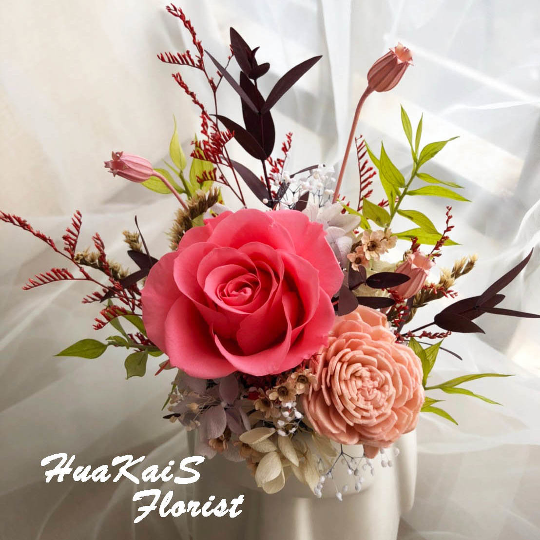 摩艾造型盆栽|輕盈亮粉|開幕盆栽|永生玫瑰盆栽|情人節禮物|居家擺飾