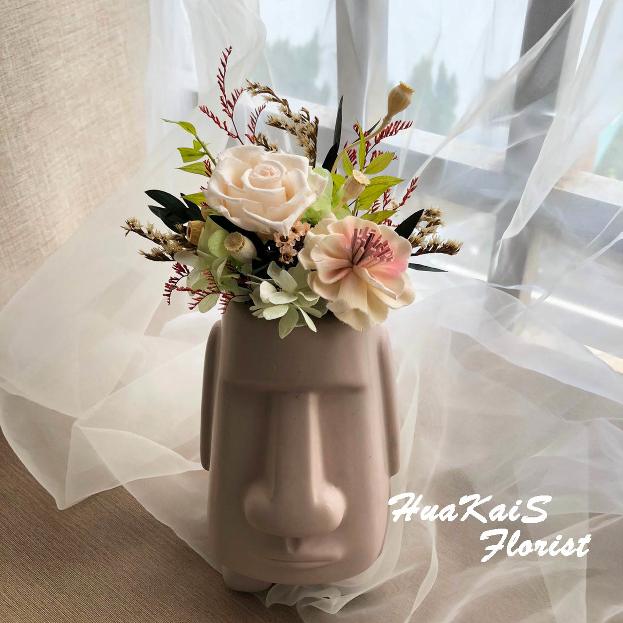 摩艾造型盆栽|白色力量|開幕盆栽|永生玫瑰盆栽|情人節禮物|居家擺飾