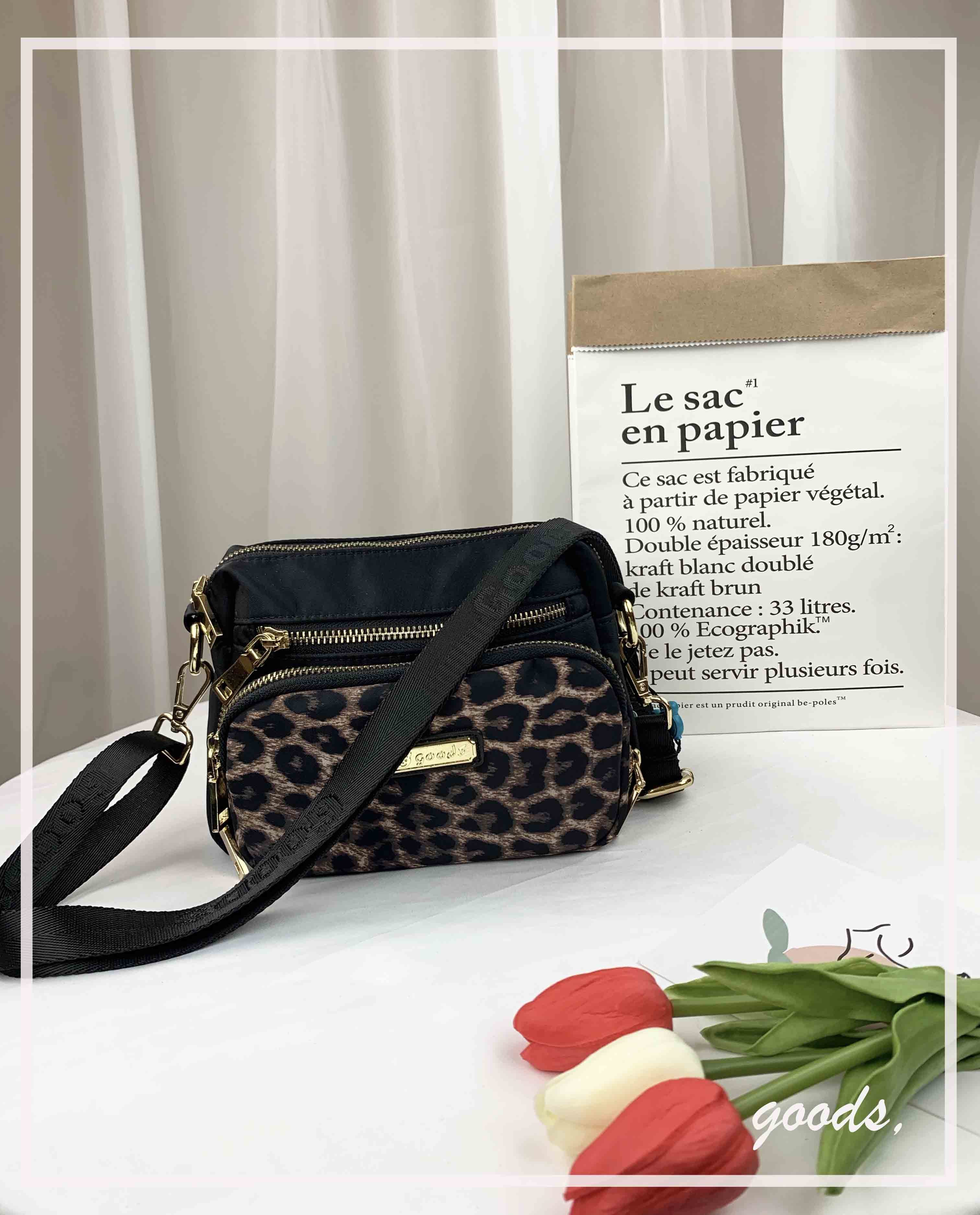 GOODS 豹紋黑尼龍側背包  #6126