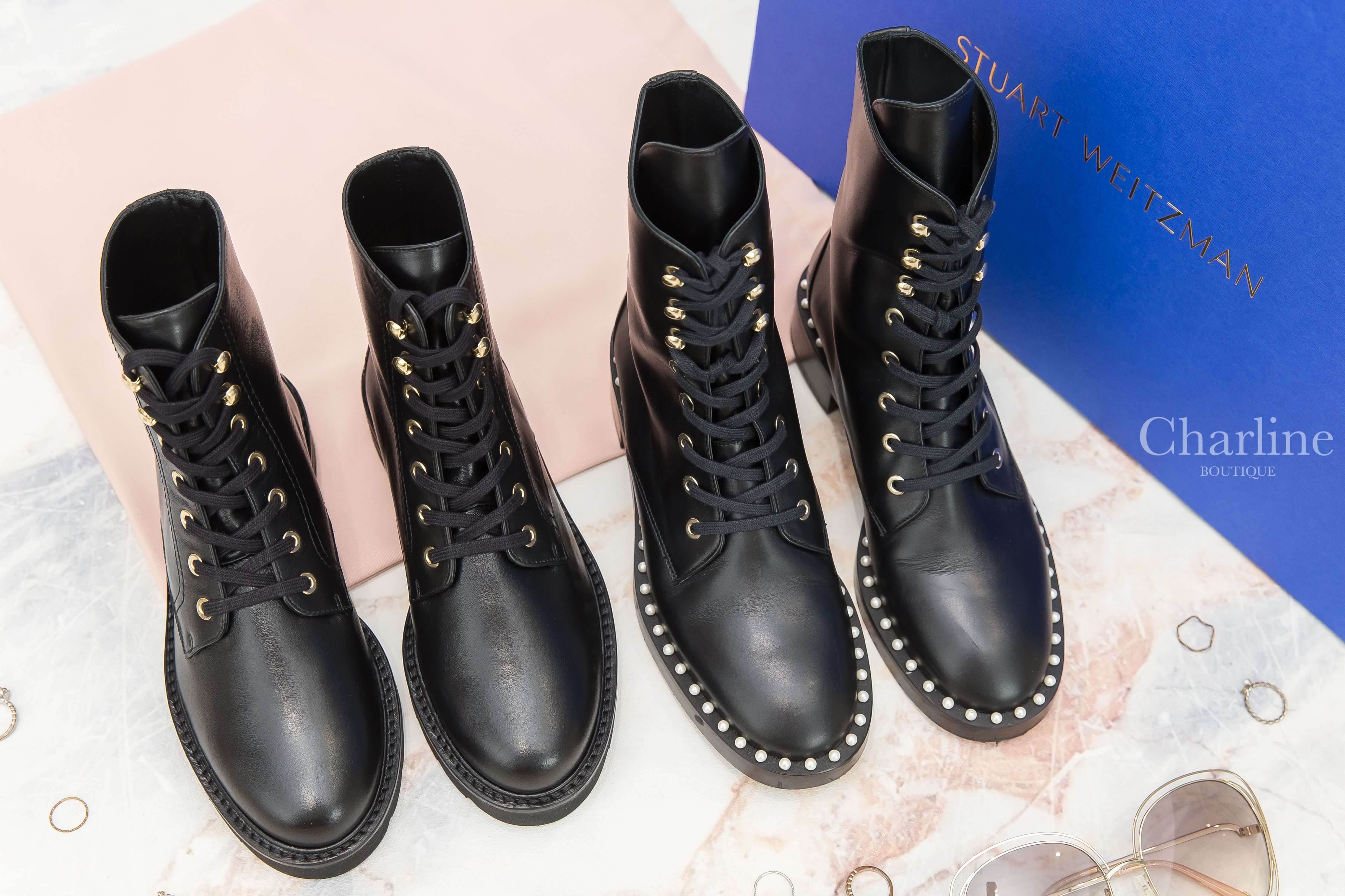 Stuart Weitzman Sondra  黑色小牛皮白色珍珠滾邊銀釦綁帶低跟短靴,Stuart Weitzman Mila Lift Bootie 黑色皮革綁帶低跟短靴-Charline Boutique 精品代購