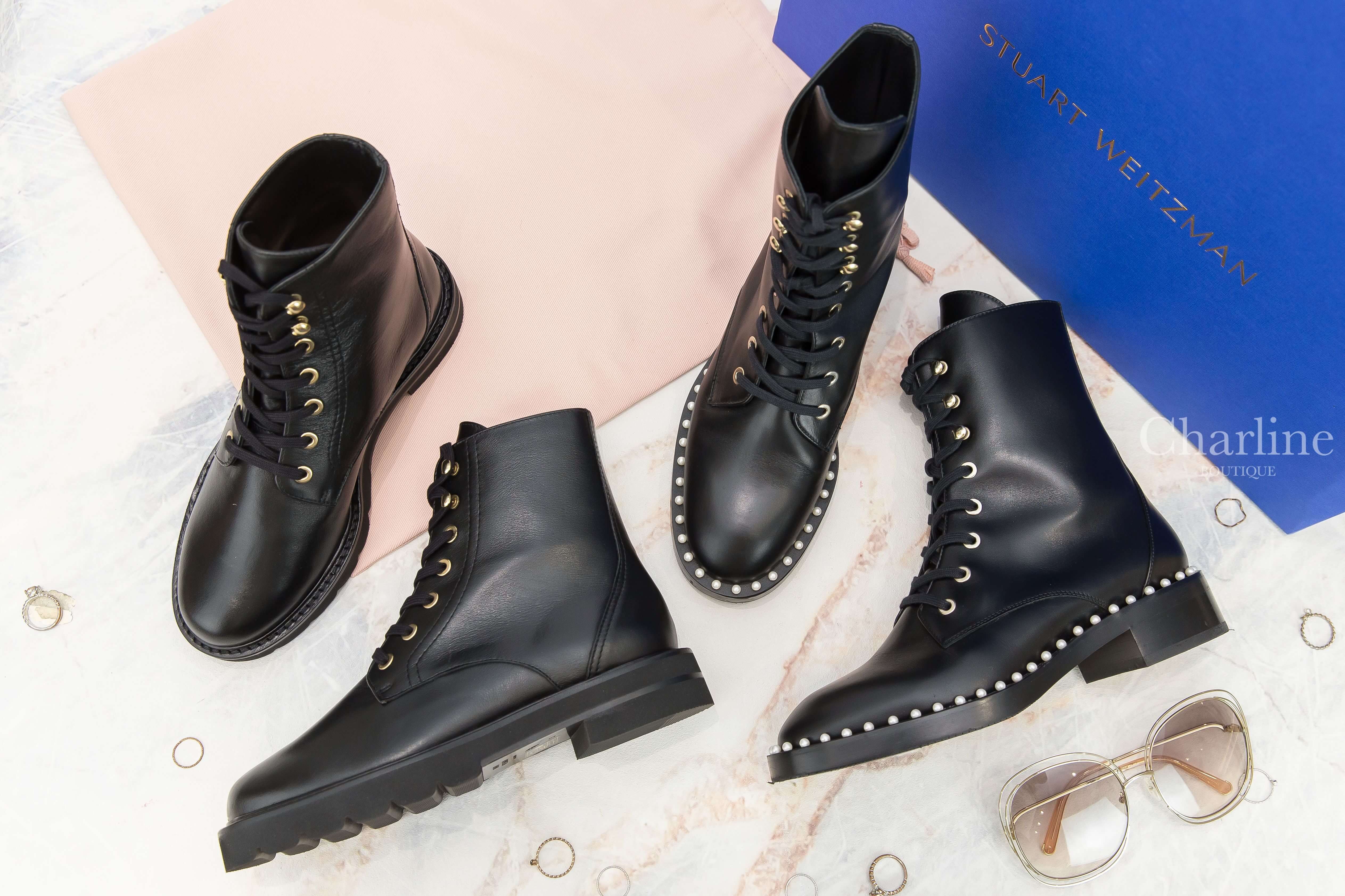 Stuart Weitzman Sondra  黑色小牛皮白色珍珠滾邊銀釦綁帶低跟短靴,Stuart Weitzman Mila Lift Bootie 黑色皮革綁帶低跟短靴-Charline Boutique 精品代購