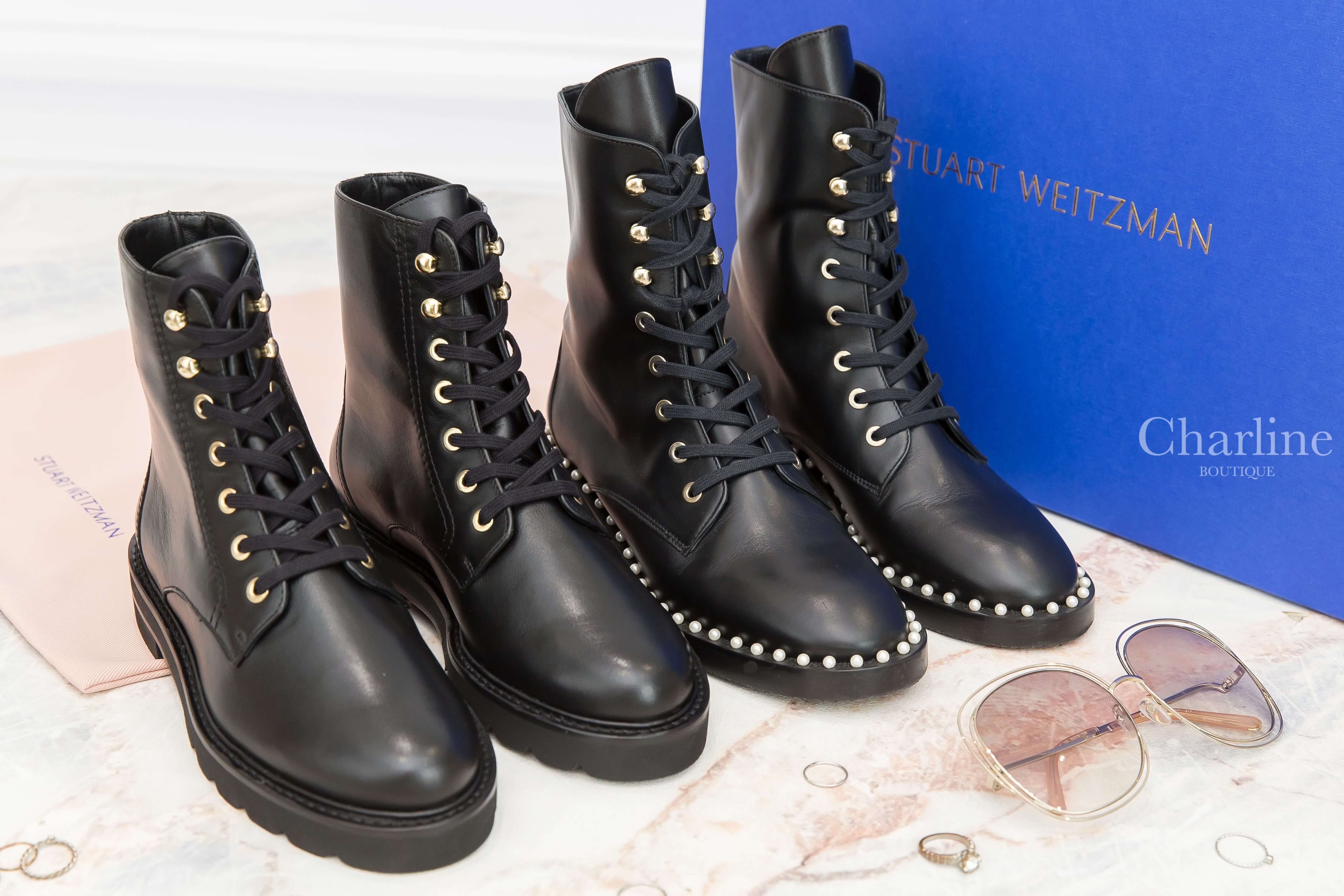 Stuart Weitzman Sondra  黑色小牛皮白色珍珠滾邊銀釦綁帶低跟短靴,Stuart Weitzman Mila Lift Bootie 黑色皮革綁帶低跟短靴-Charline Boutique 精品代購