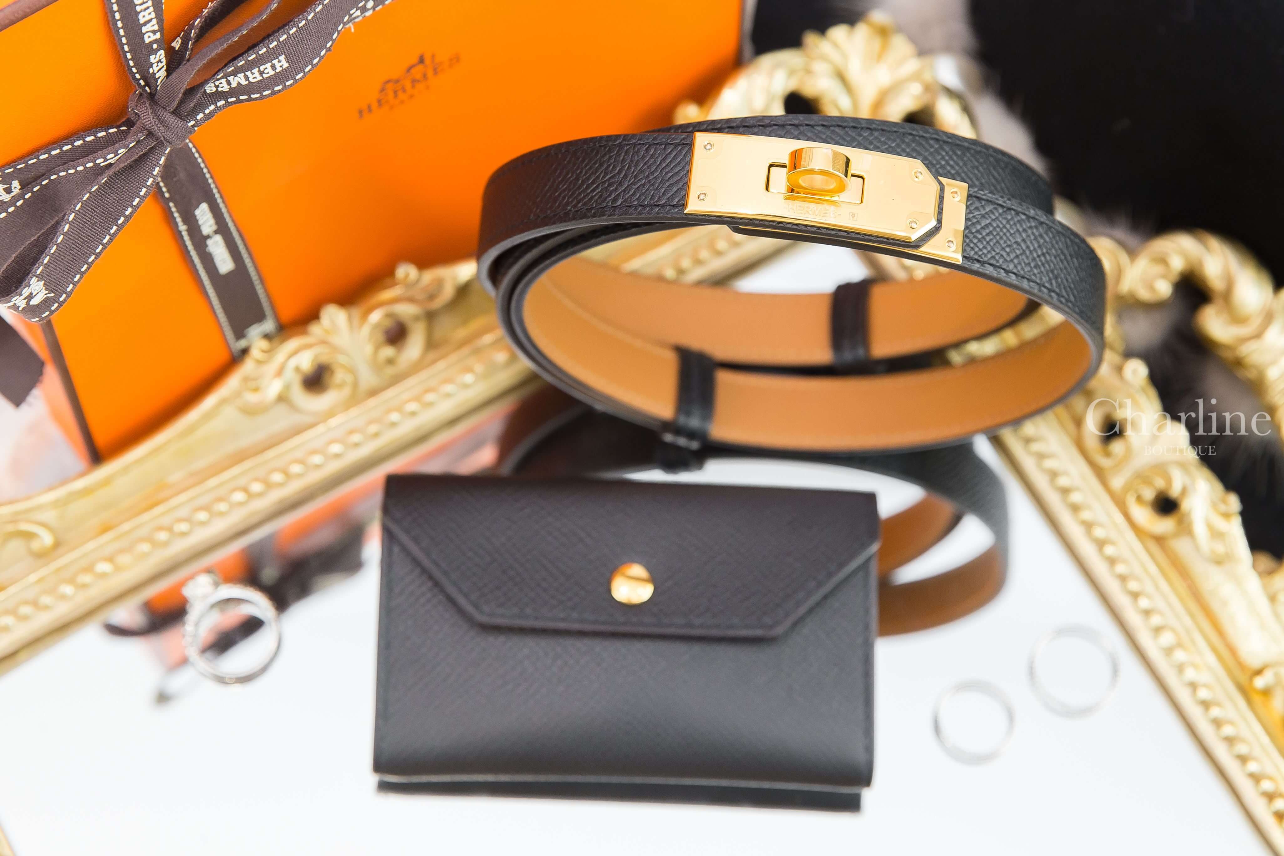 Hermès Kelly Pocket Belt 黑色金扣扣飾牛皮小包可調式皮帶-Charline Boutique 精品代購