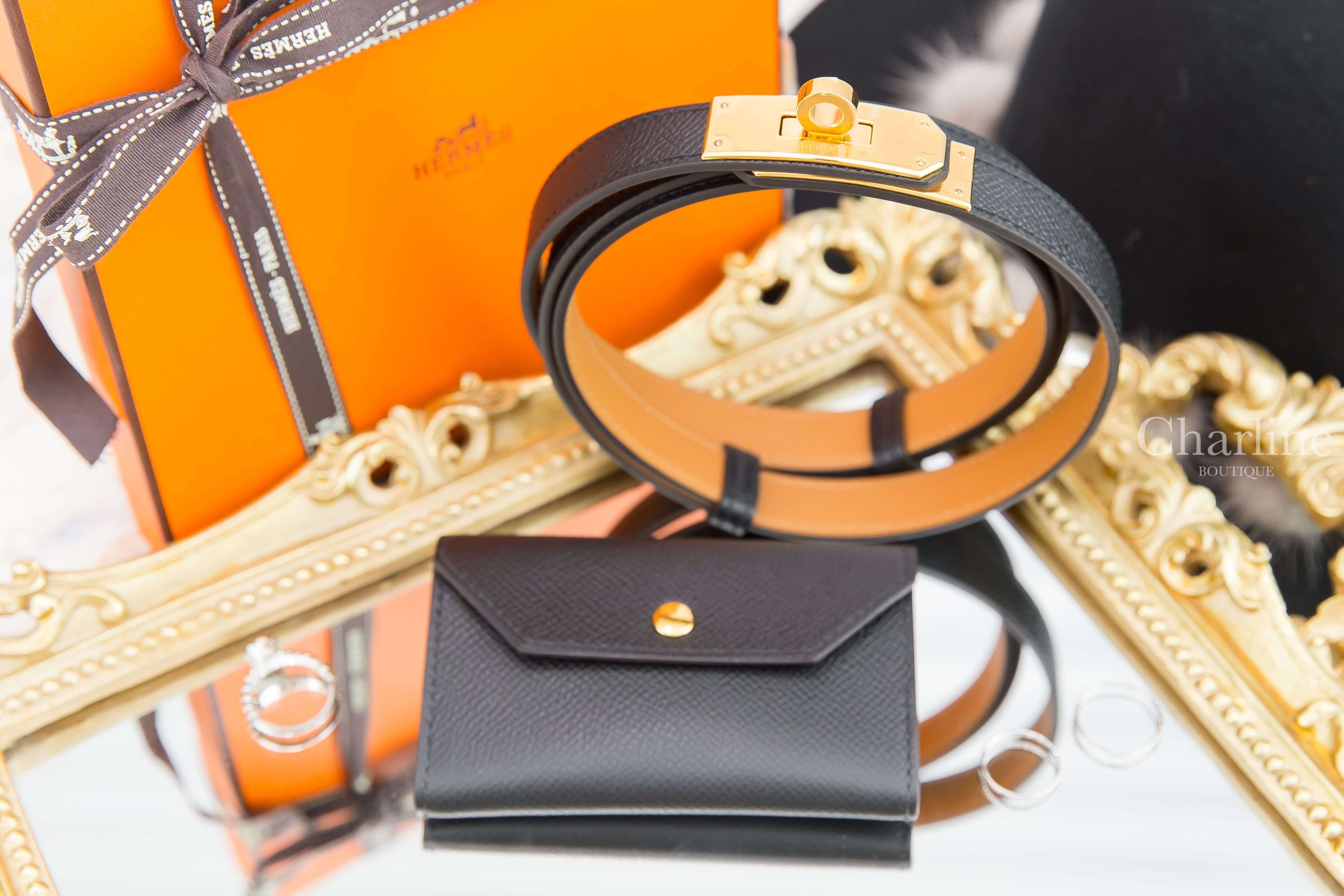 Hermès Kelly Pocket Belt 黑色金扣扣飾牛皮小包可調式皮帶-Charline Boutique 精品代購