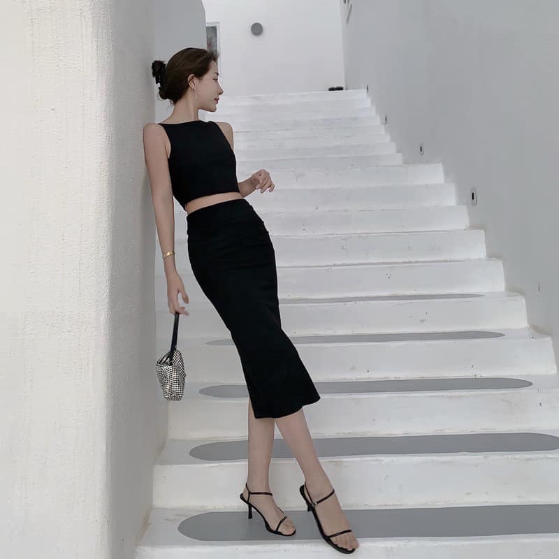 簡約上衣+鉛筆裙(套裝)(黑/白)