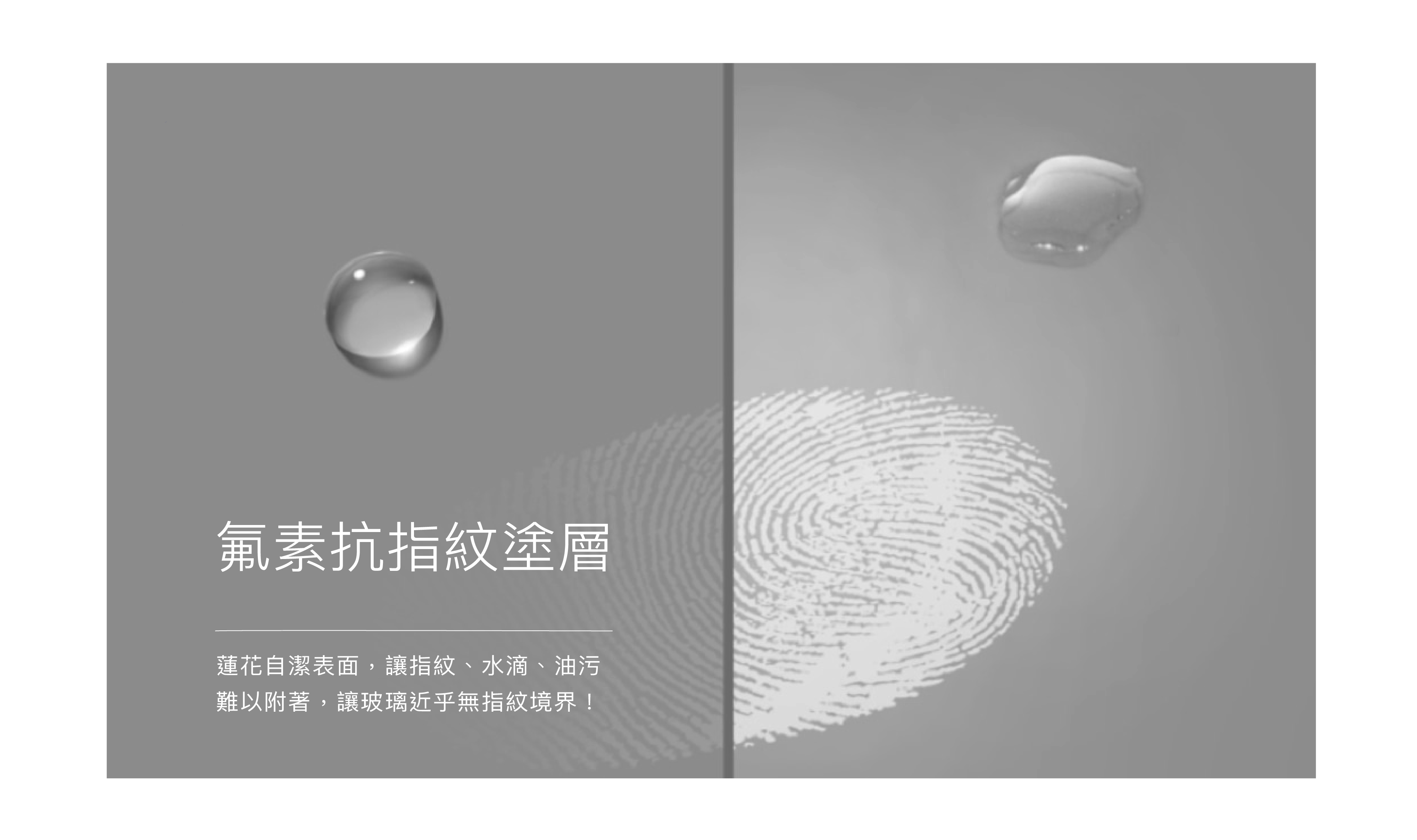 氟素抗指紋塗層 讓玻璃近乎無指紋境界 蓮花自潔表面, 讓指紋, 水滴, 油污難以附著!