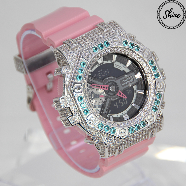 銀色 Mini-G 改裝手錶 GMA-S110MP-4A2 - 碧藍八角雙圈