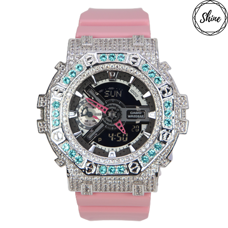 銀色 Mini-G 改裝手錶 GMA-S110MP-4A2 - 碧藍八角雙圈