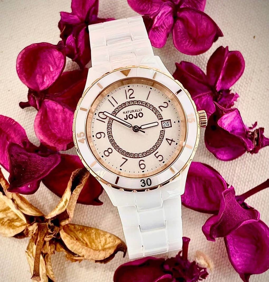 【NATURALLY JOJO】閃耀晶鑽時尚陶瓷腕錶玫瑰金X白 JO9697480R 38mm 現代鐘錶
