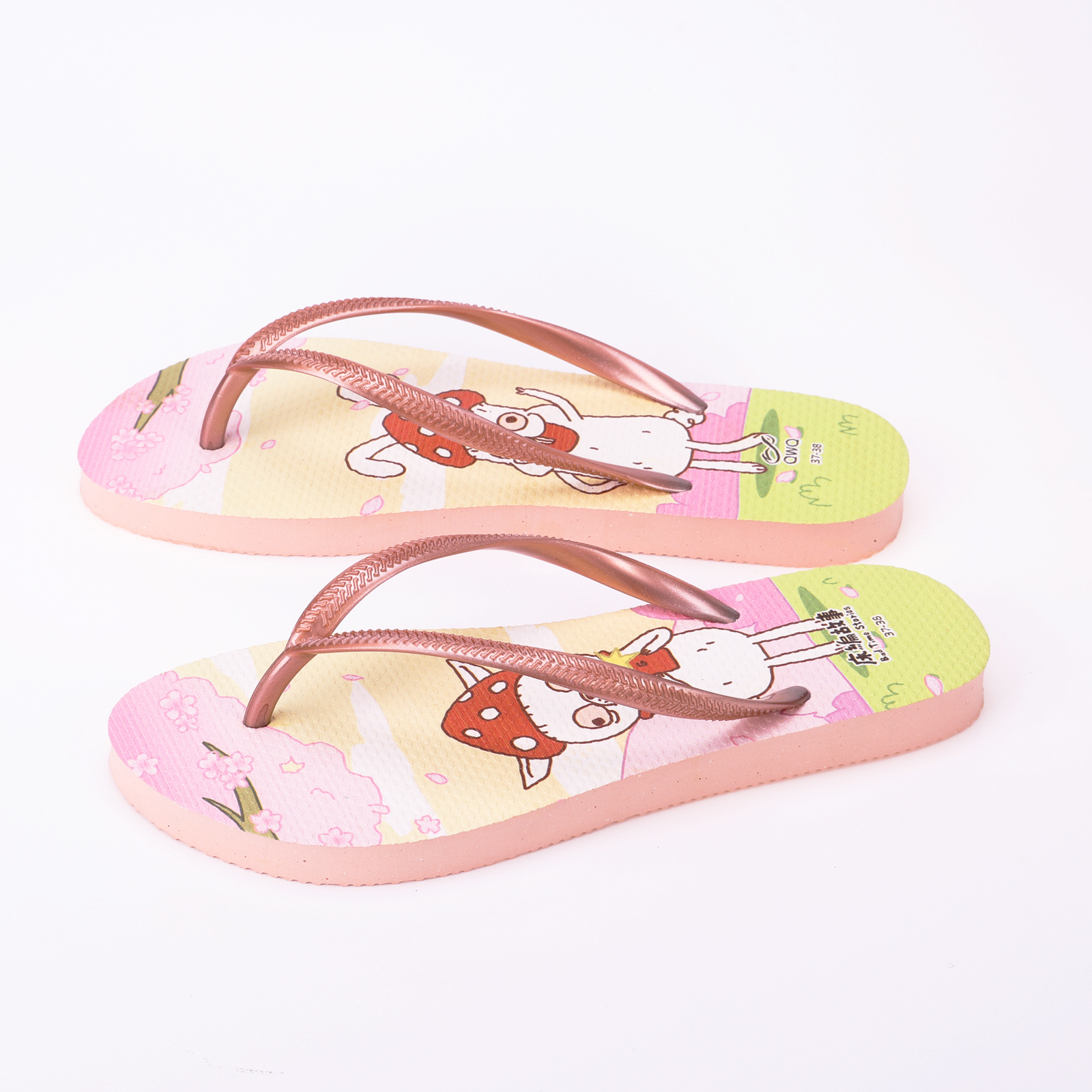 床編故事 菇狗菇兔郊遊趣 女款細帶人字夾腳拖鞋 粉金色
