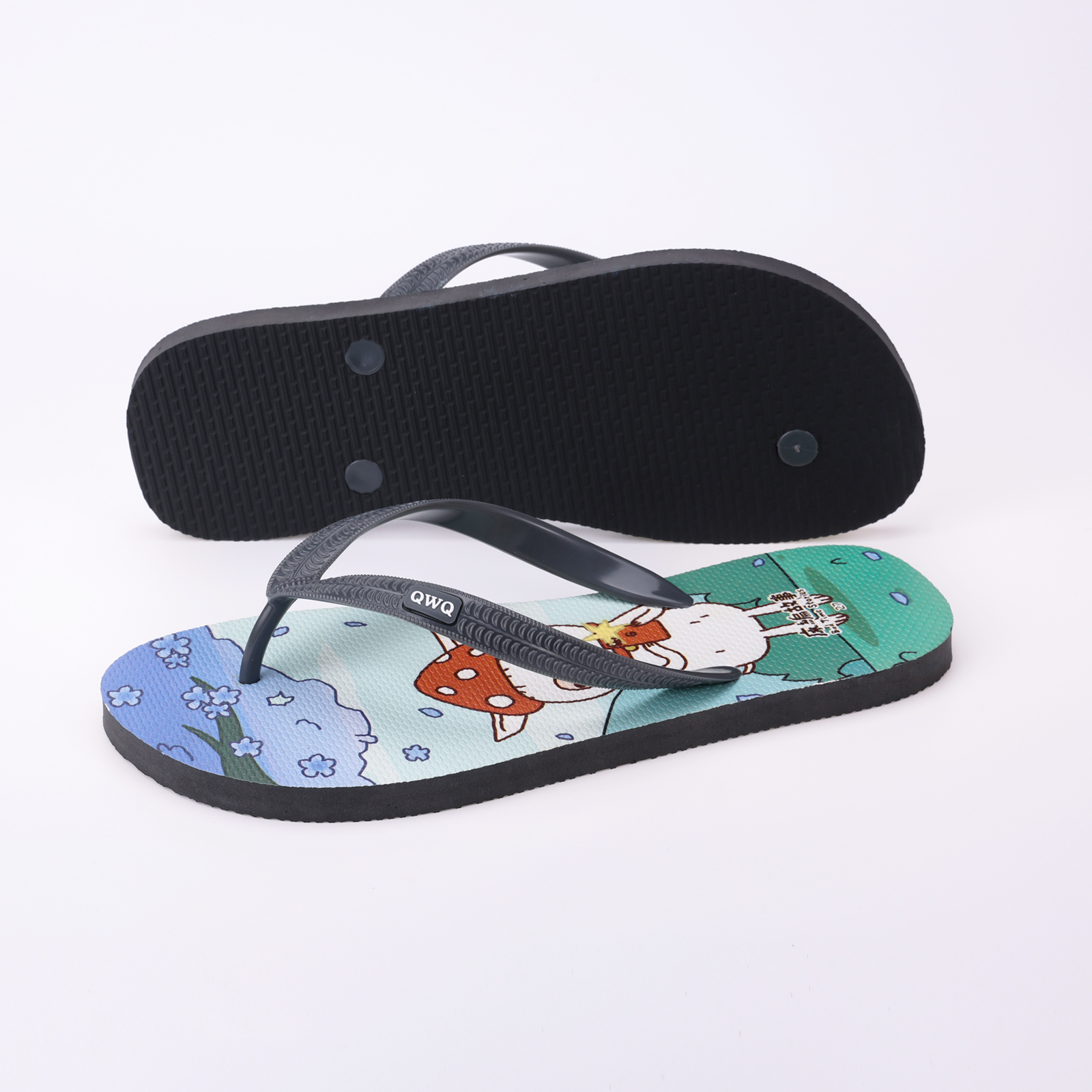 床編故事 菇狗菇兔郊遊趣 男款粗帶人字夾腳拖鞋 銀河灰