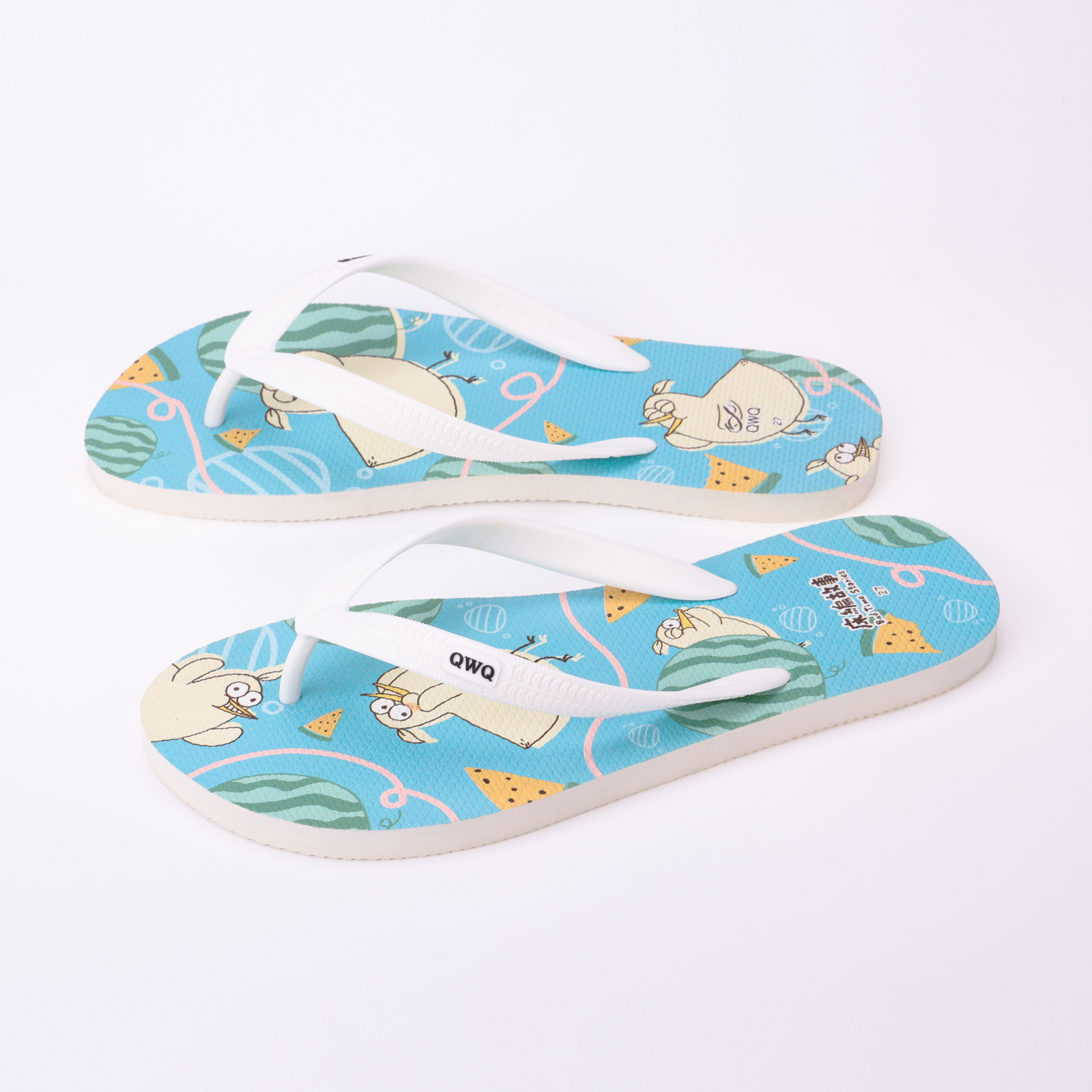 床編故事 小雞汁西瓜之夢 男款粗帶人字夾腳拖鞋 清新白