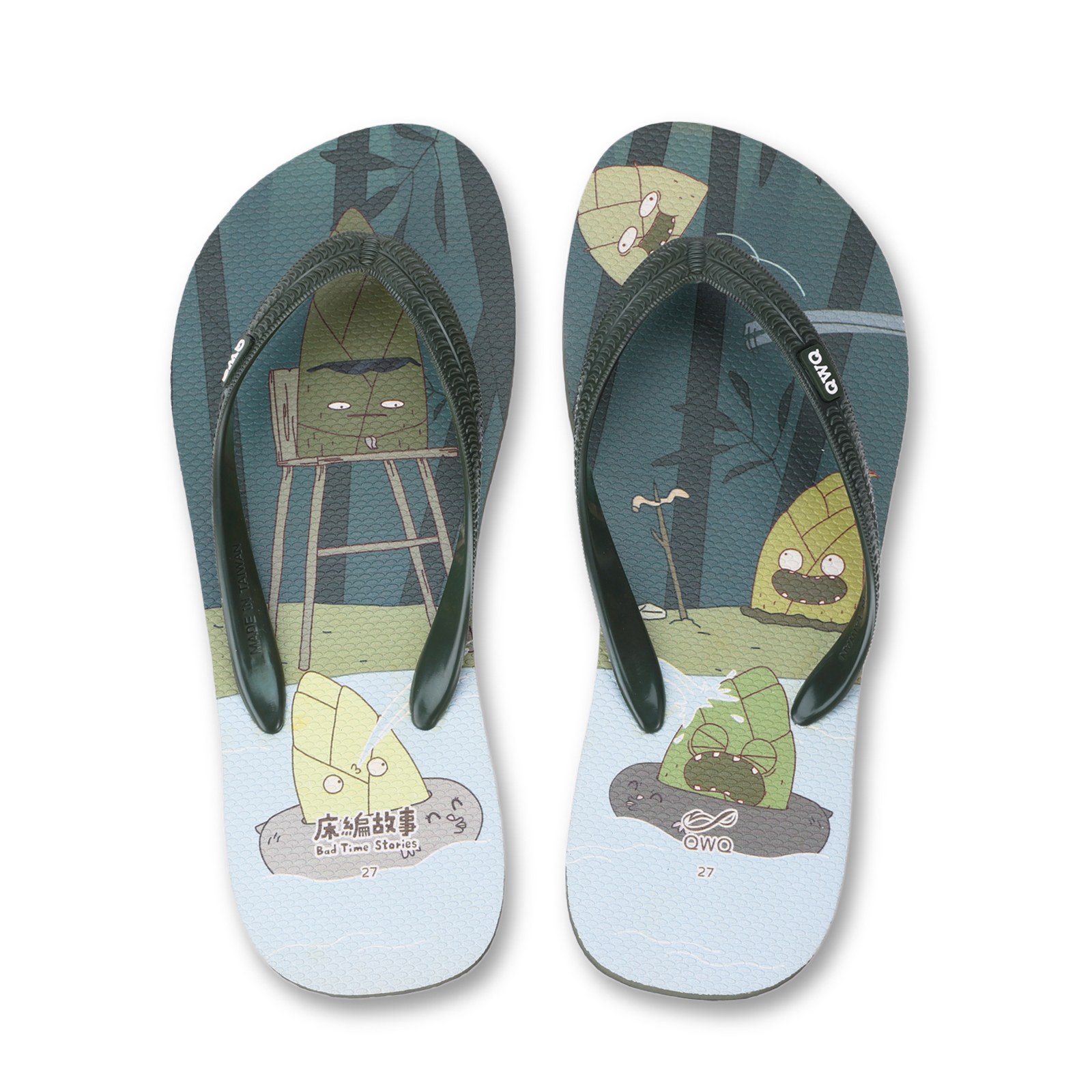 床編故事 竹林五筍戲水 男款粗帶人字夾腳拖鞋 竹林綠