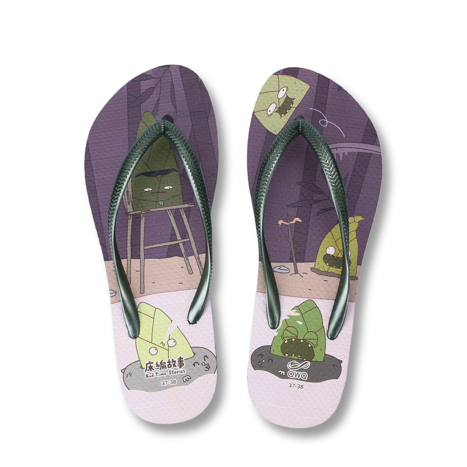 床編故事 竹林五筍戲水 女款細帶人字夾腳拖鞋 夜幕綠