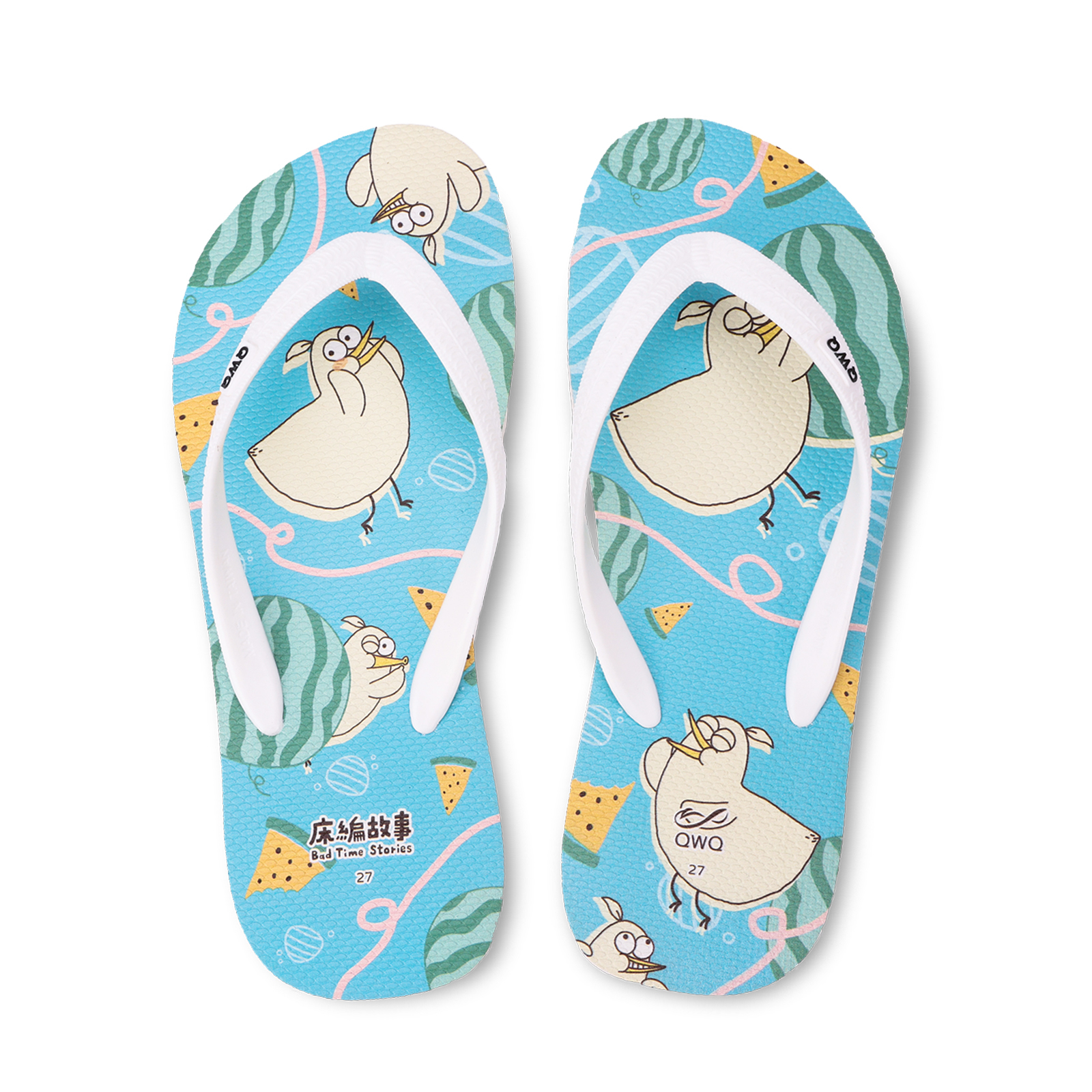 床編故事 小雞汁西瓜之夢 男款粗帶人字夾腳拖鞋 清新白