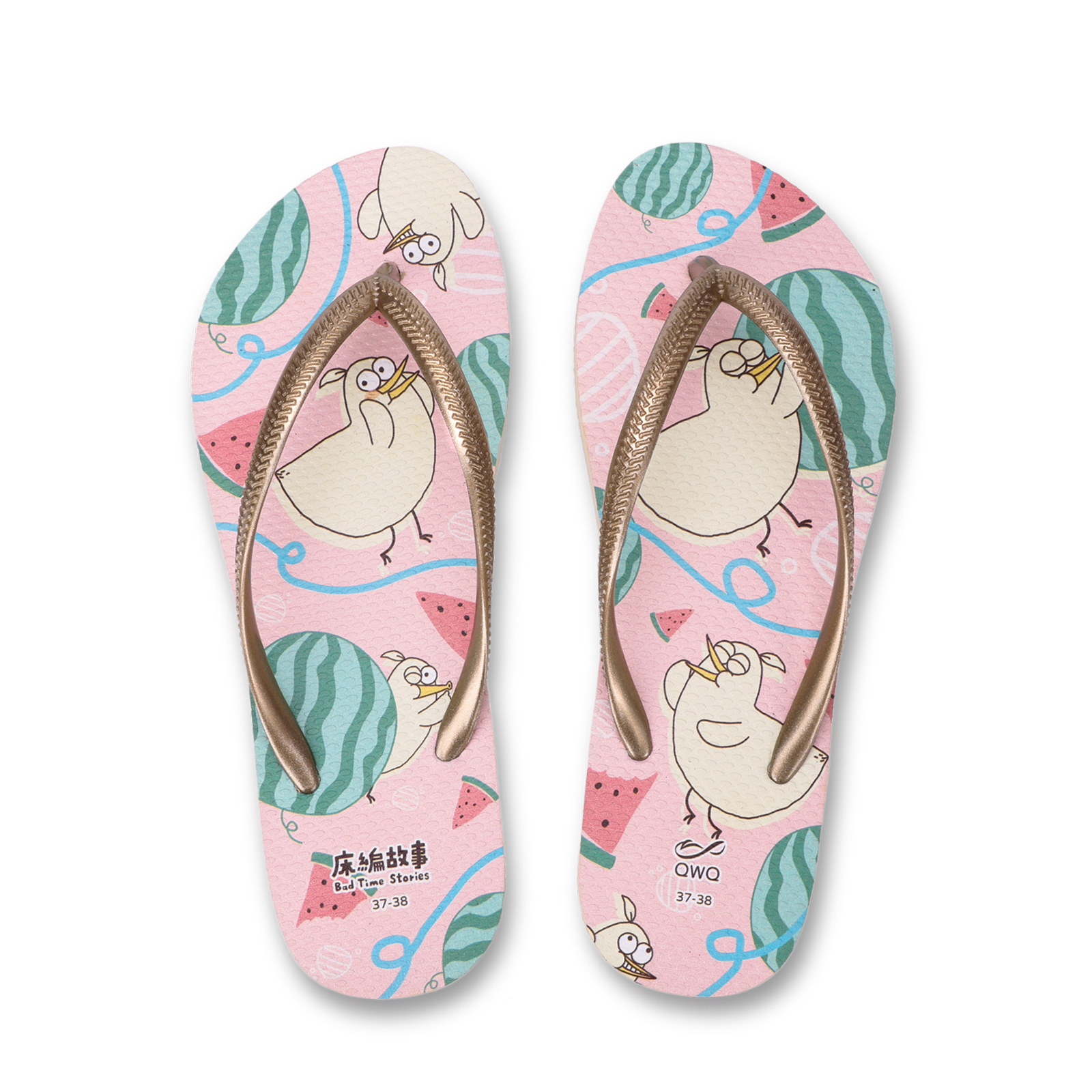 床編故事 小雞汁西瓜之夢 女款細帶人字夾腳拖鞋 沙金色