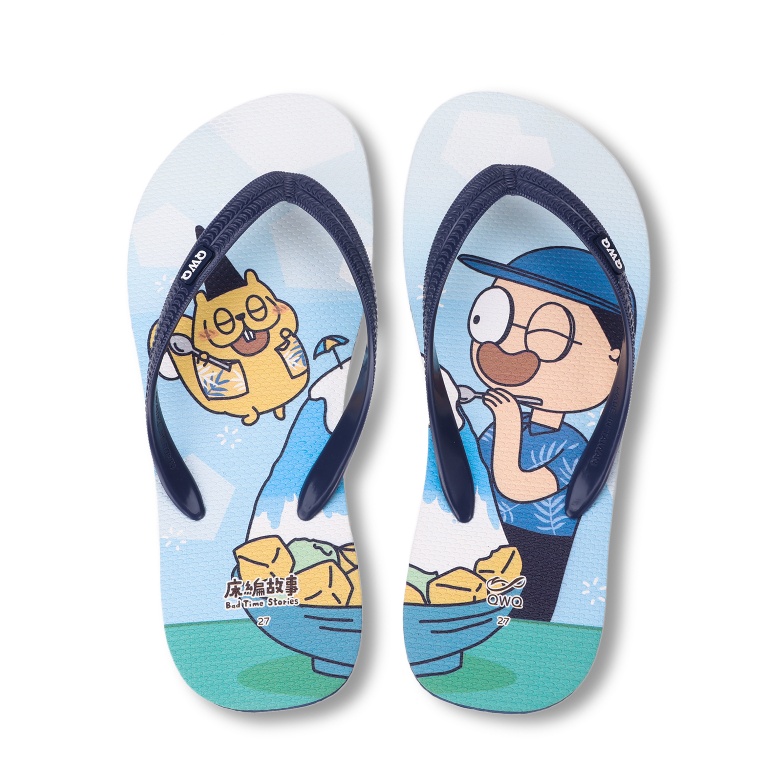 床編故事 消暑刨冰 男款粗帶人字夾腳拖鞋 藏藍色