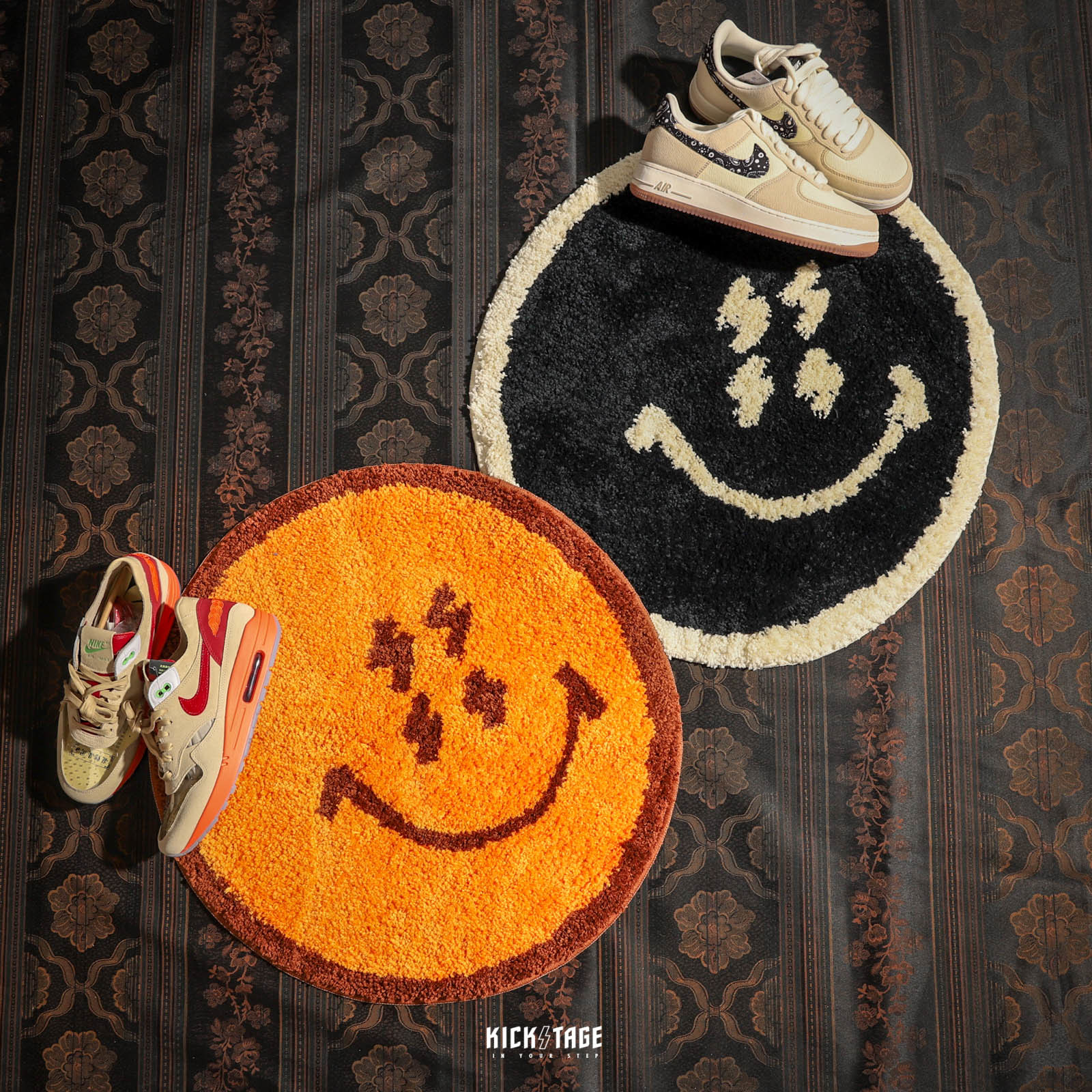 [6折售出無退換]  #KEEP RUG 橘色 黑色 四眼地墊 閃電微笑 笑臉 圓形 毛絨地墊 地毯 止滑底【KS77】