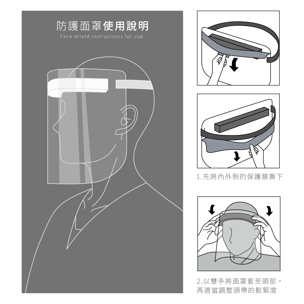 防護面罩使用說明,單入包裝乾淨安全衛生,使用前先將外側保護膜撕下,雙手將面罩套致頭部,並調節頭帶至舒適寬度.