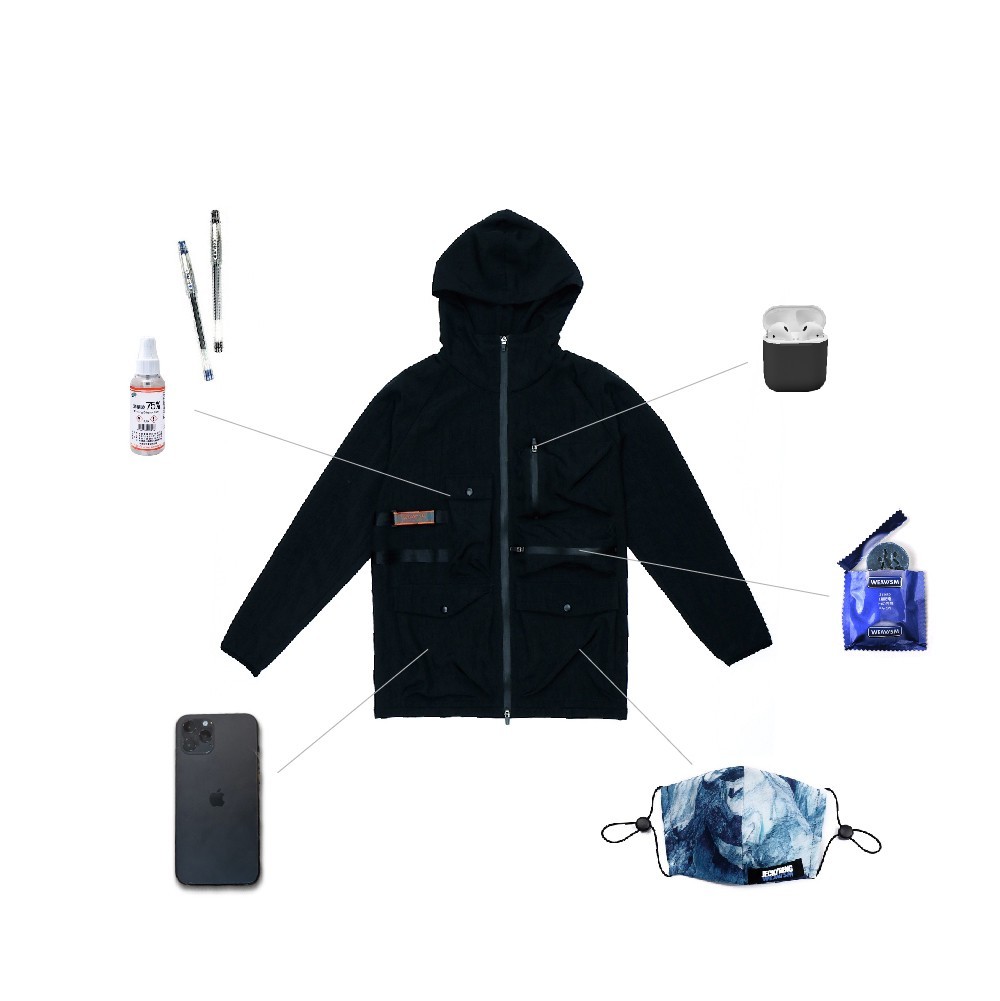 Kinkreet 立體多袋防潑水連帽外套 - 黑