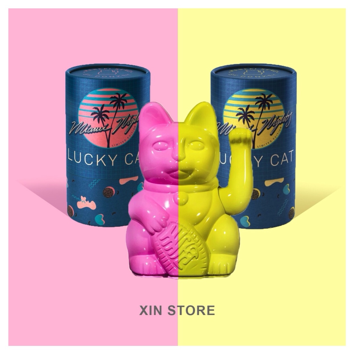 <現貨>DONKEY Lucky Cats 幸運繽紛自動招手招財貓 邁阿密之夜 15cm 亮粉 亮黃