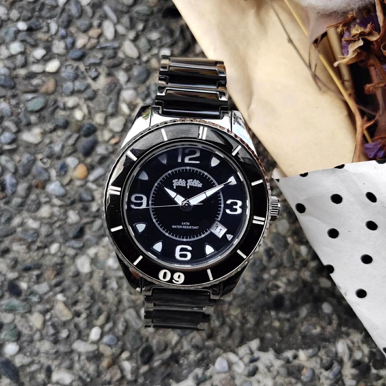 【Folli Follie】 帥氣銀黑半不銹鋼半陶瓷腕錶 FF013/01 38mm 現代鐘錶