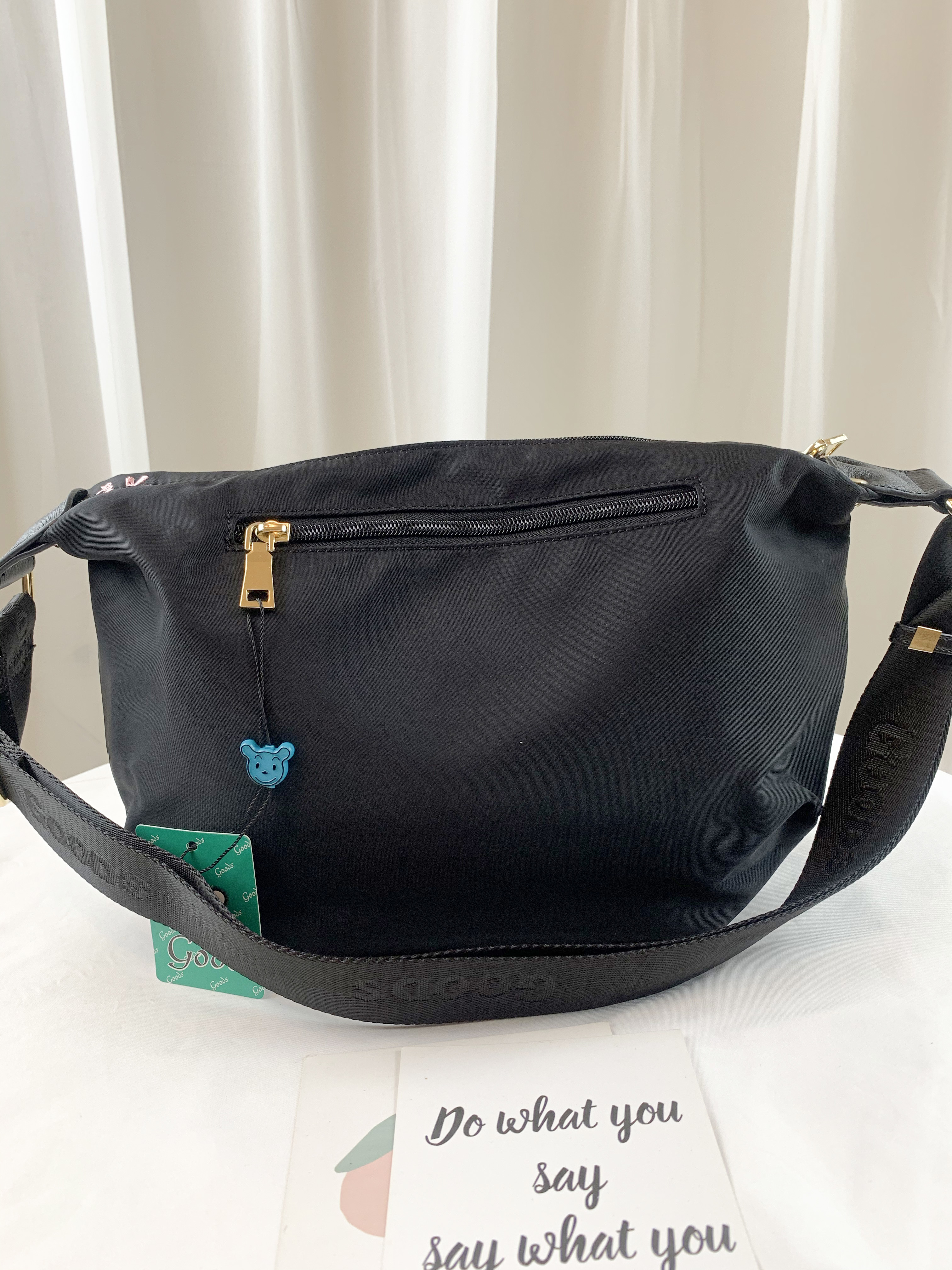 GOODS 黑粉蝴蝶結 尼龍防潑水腰包 / 側背包 附小熊吊飾 #6119