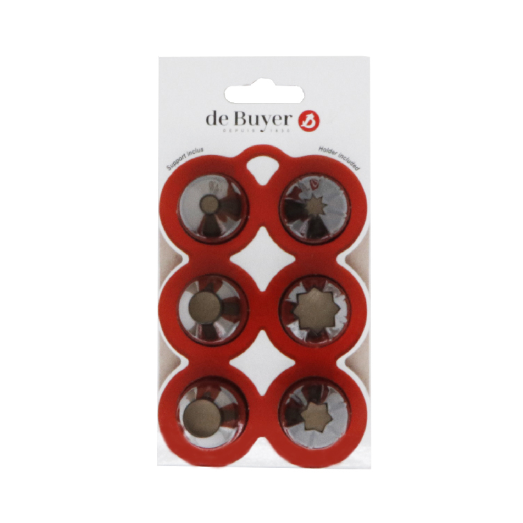 [de Buyer烘焙用具] 專利創意擠花嘴 6入組(3平+3星爪-含收納固定) (半自動定量擠花器可用)4150.02