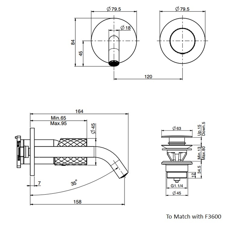 Fima Carlo Frattini "Spillo Tech" F3051NX8XCR + F3600 Wall Mounted Basin Mixer w/ click clack pop-up waste (164mm)