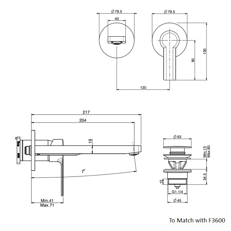 Fima Carlo Frattini "Mast" F3141NLX8CR + F3600 Wall Mounted Basin Mixer w/ click clack pop-up waste (204mm)