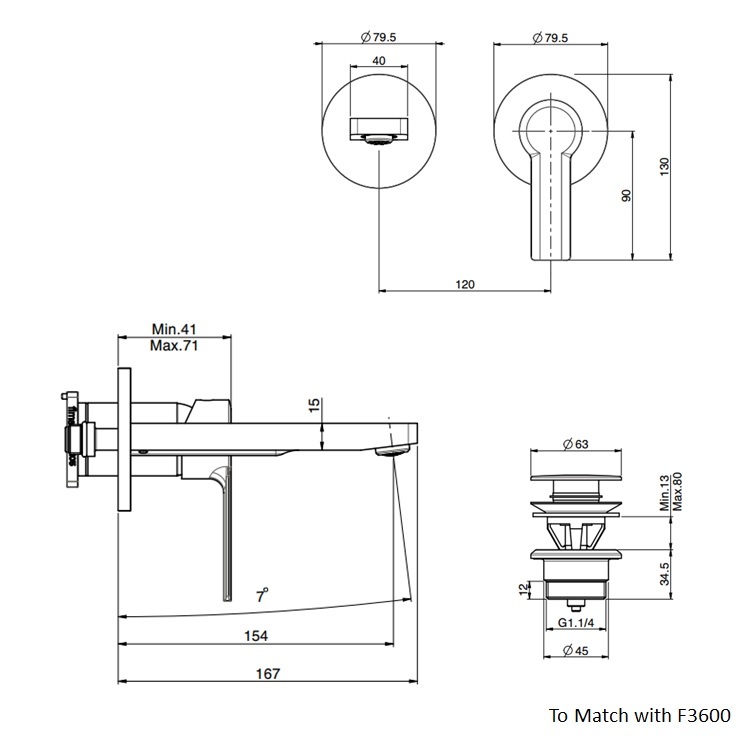 Fima Carlo Frattini "Mast" F3141NX8CR + F3600 Wall Mounted Basin Mixer w/ click clack pop-up waste (154mm)