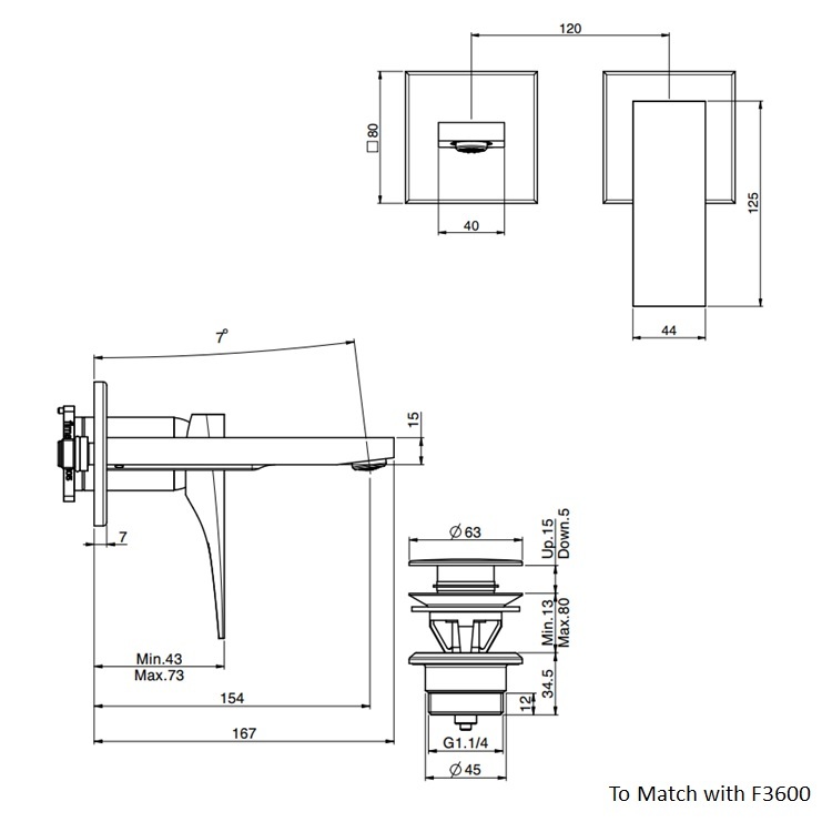 Fima Carlo Frattini "Zeta" F3971NX8CR + F3600 Wall Mounted Basin Mixer w/ click clack pop-up waste (155mm)